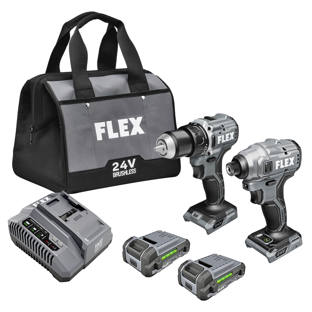 Kit de herramientas eléctricas de 24 voltios y 2 herramientas sin escobillas Flex Compact con estuche blando (2 baterías incluidas y cargador incluido) FXM205-2A