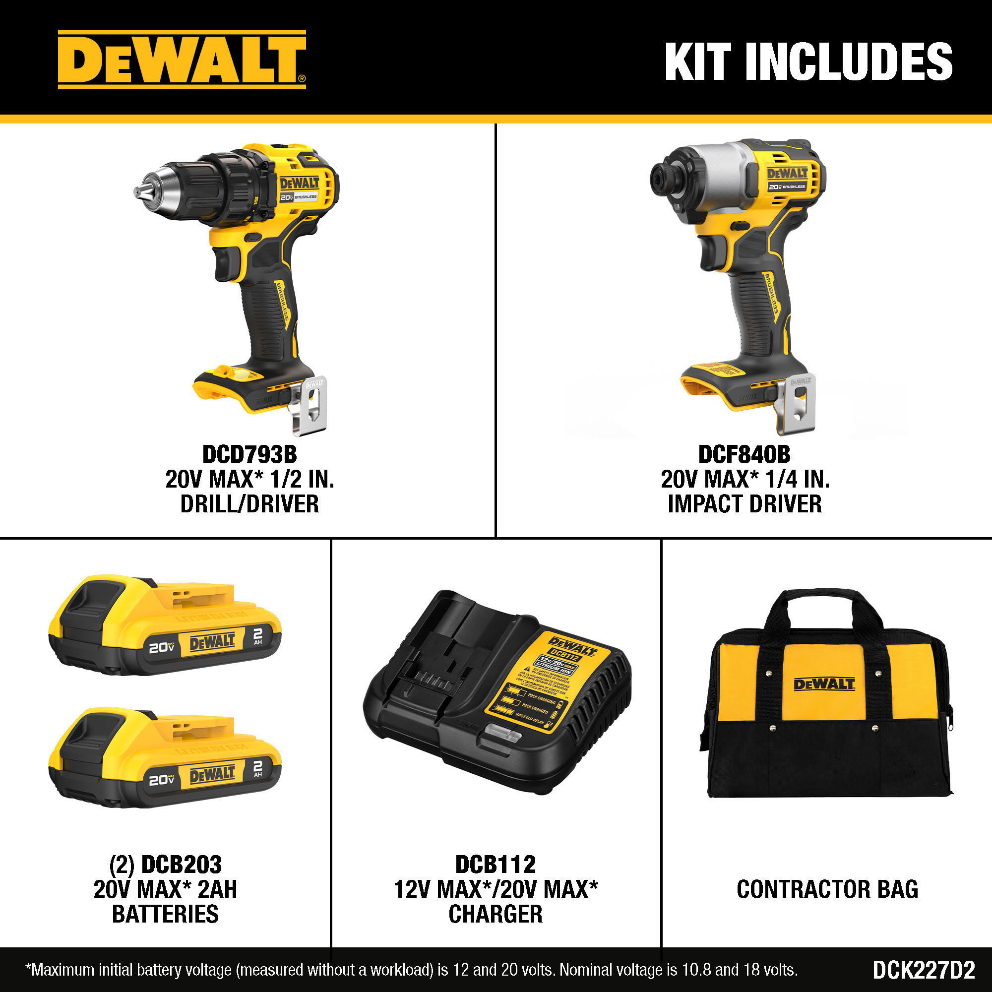 Juego de Combo de 2 Herramientas Inalámbricas sin Escobillas DEWALT 20V MAX con Estuche Blando (2 Baterías y Cargador Incluido) DCK227D2