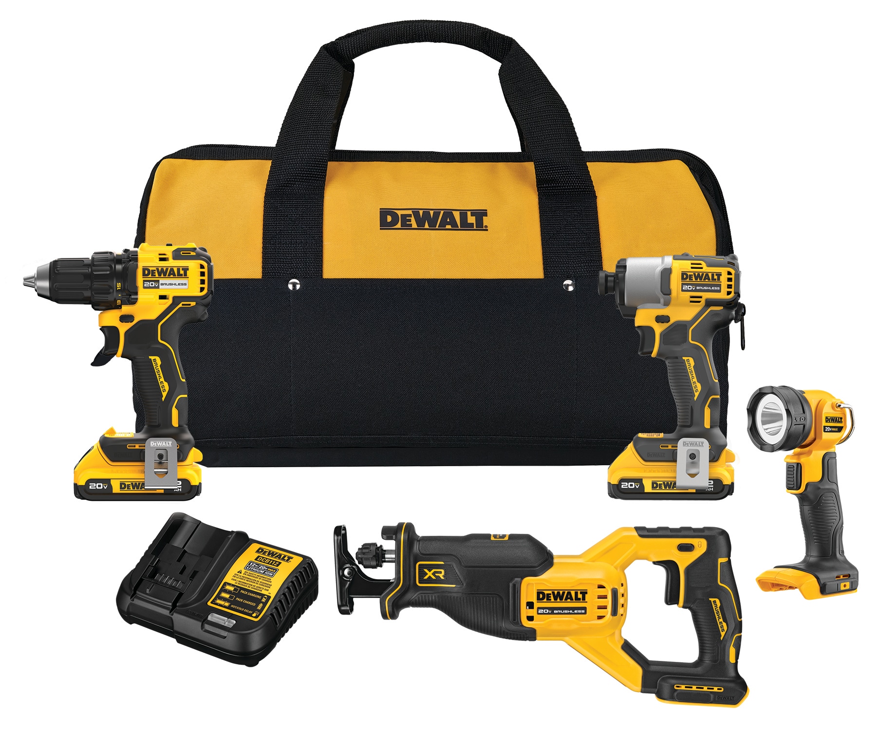 Combo de Herramientas DEWALT 20V MAX de 4 Piezas con Motor sin Escobillas y Estuche Blando (2 Baterías y Cargador Incluidos) DCK427D2