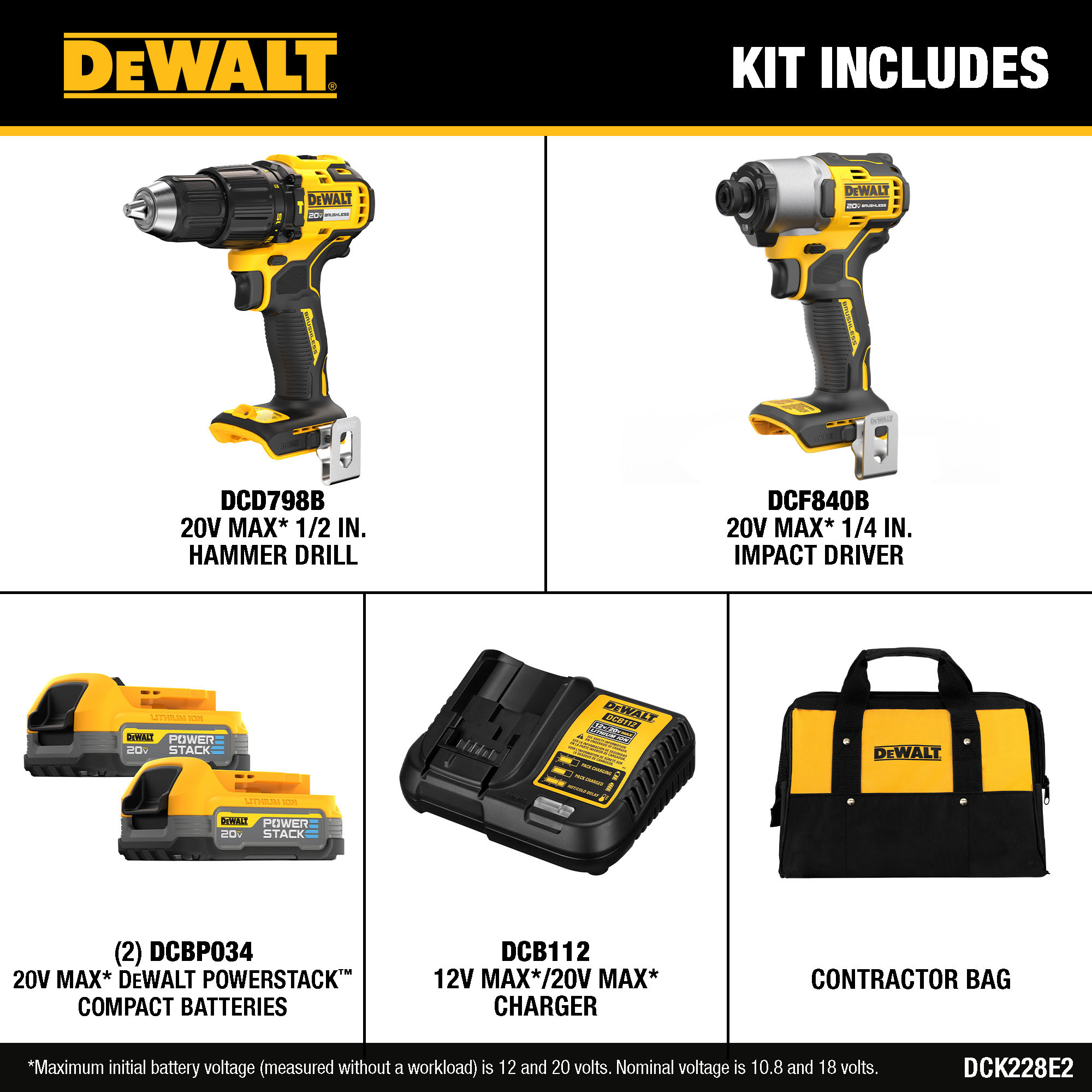 Kit Combo de Taladro Percutor sin Escobillas DEWALT 20V MAX de 2 Herramientas con Estuche Blando (2 Baterías y Cargador Incluidos) DCK228E2