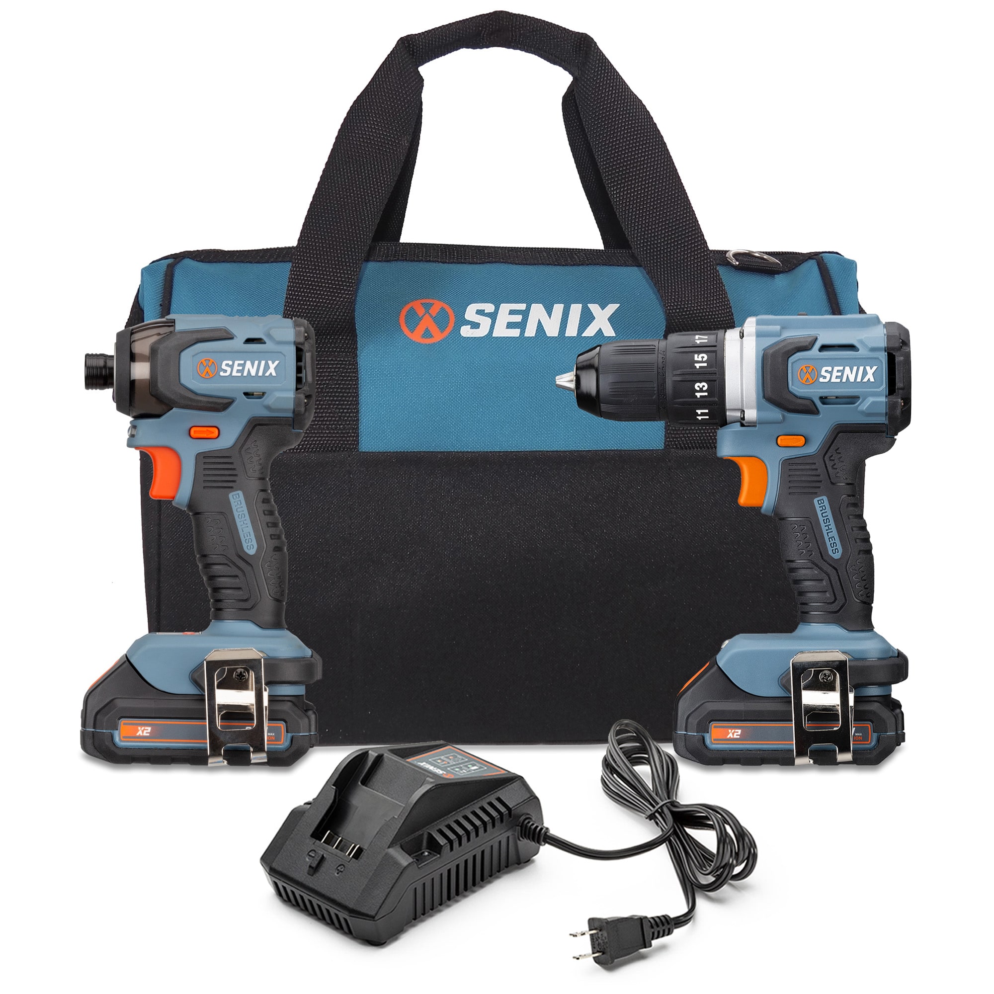 Kit Combo de Herramientas Eléctricas con Motor sin Escobillas SENIX X2 de 20 Volts y 2 Herramientas, con Estuche Suave (2 Baterías Incluidas y Cargador Incluido) S2K2B2-01