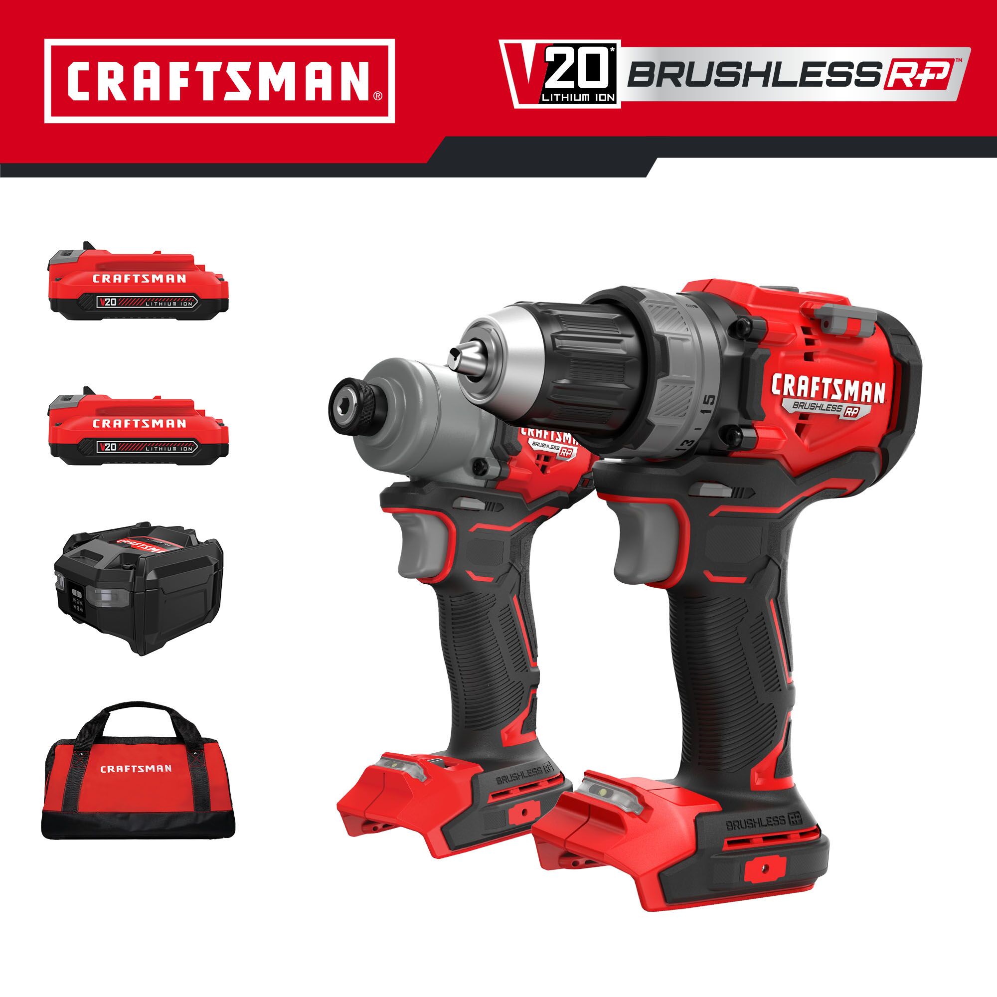 Kit Combo de Herramientas Eléctricas sin Escobillas CRAFTSMAN V20 RP de 20 voltios con Estuche Blando (Incluye 2 Baterías y Cargador) CMCK2530C2
