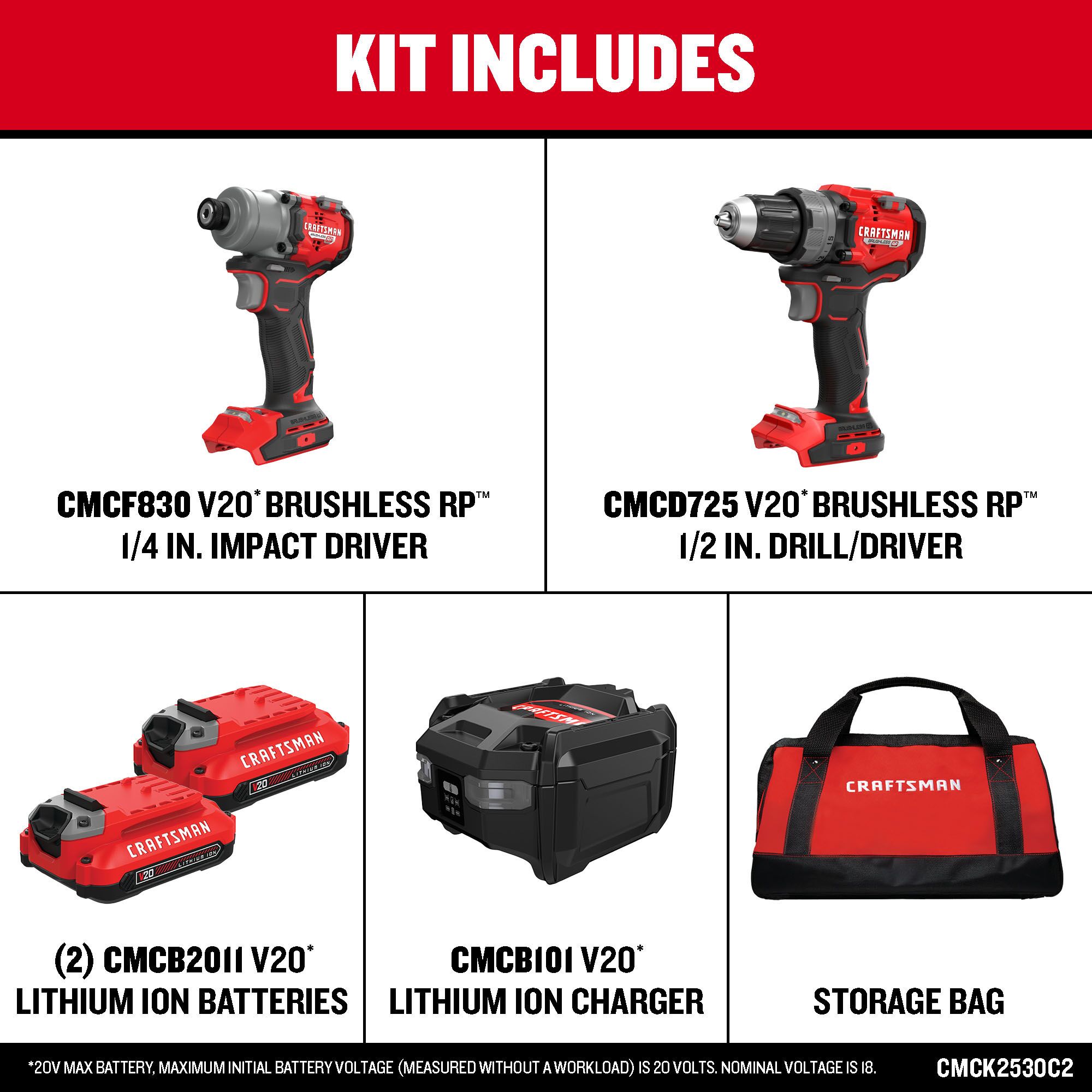Kit Combo de Herramientas Eléctricas sin Escobillas CRAFTSMAN V20 RP de 20 voltios con Estuche Blando (Incluye 2 Baterías y Cargador) CMCK2530C2