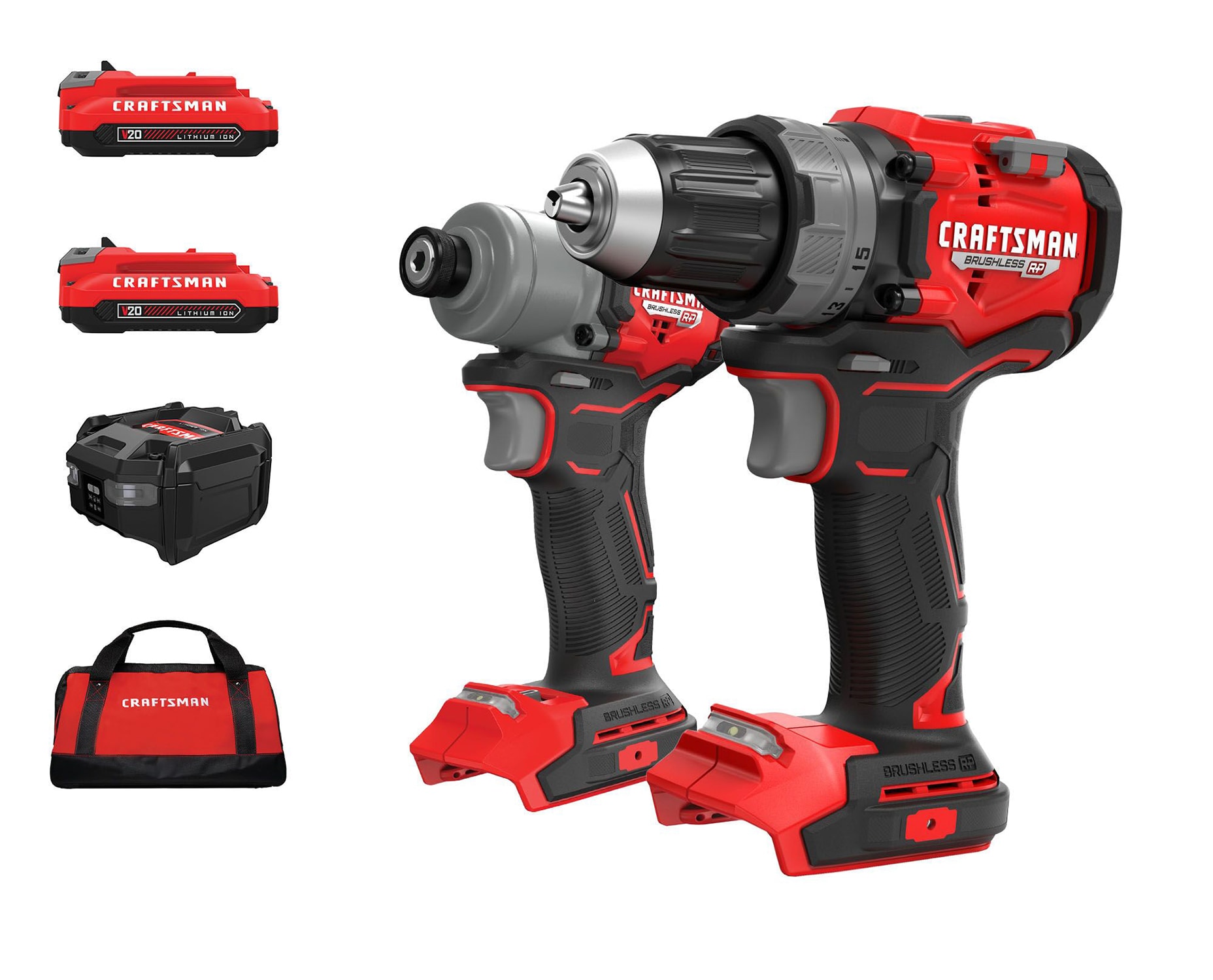 Kit Combo de Herramientas Eléctricas sin Escobillas CRAFTSMAN V20 RP de 20 voltios con Estuche Blando (Incluye 2 Baterías y Cargador) CMCK2530C2