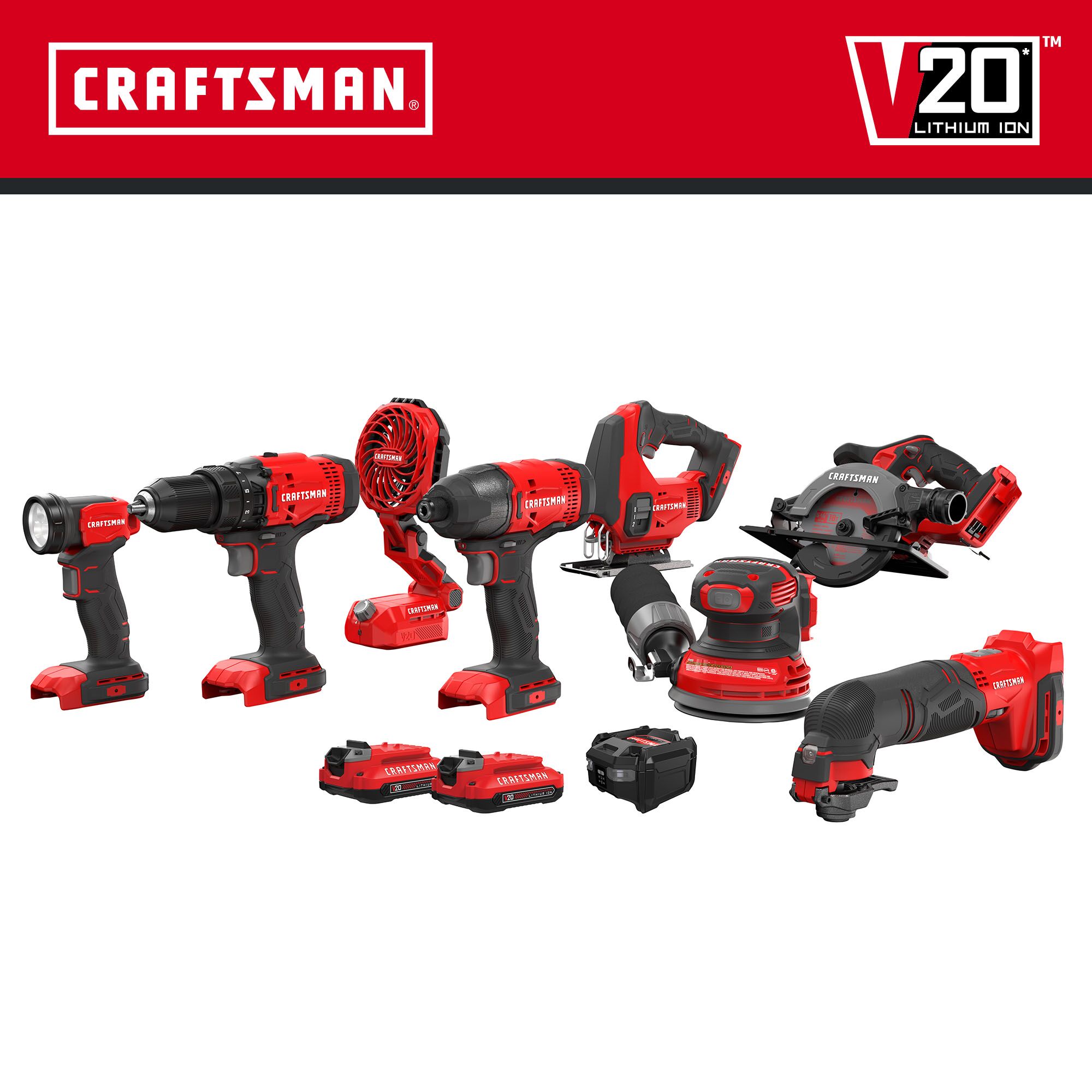 Kit de herramientas eléctricas CRAFTSMAN V20 de 20 voltios máximo con 8 herramientas y estuche suave (incluye 2 baterías y cargador) CMCK802C2