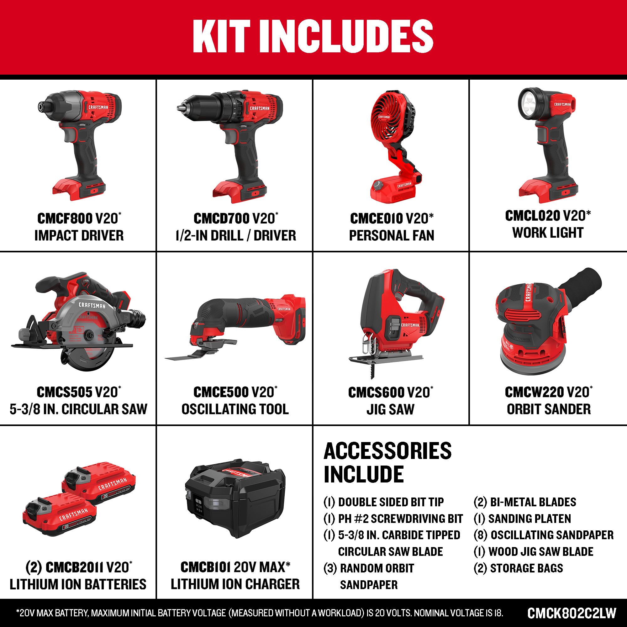 Kit de herramientas eléctricas CRAFTSMAN V20 de 20 voltios máximo con 8 herramientas y estuche suave (incluye 2 baterías y cargador) CMCK802C2