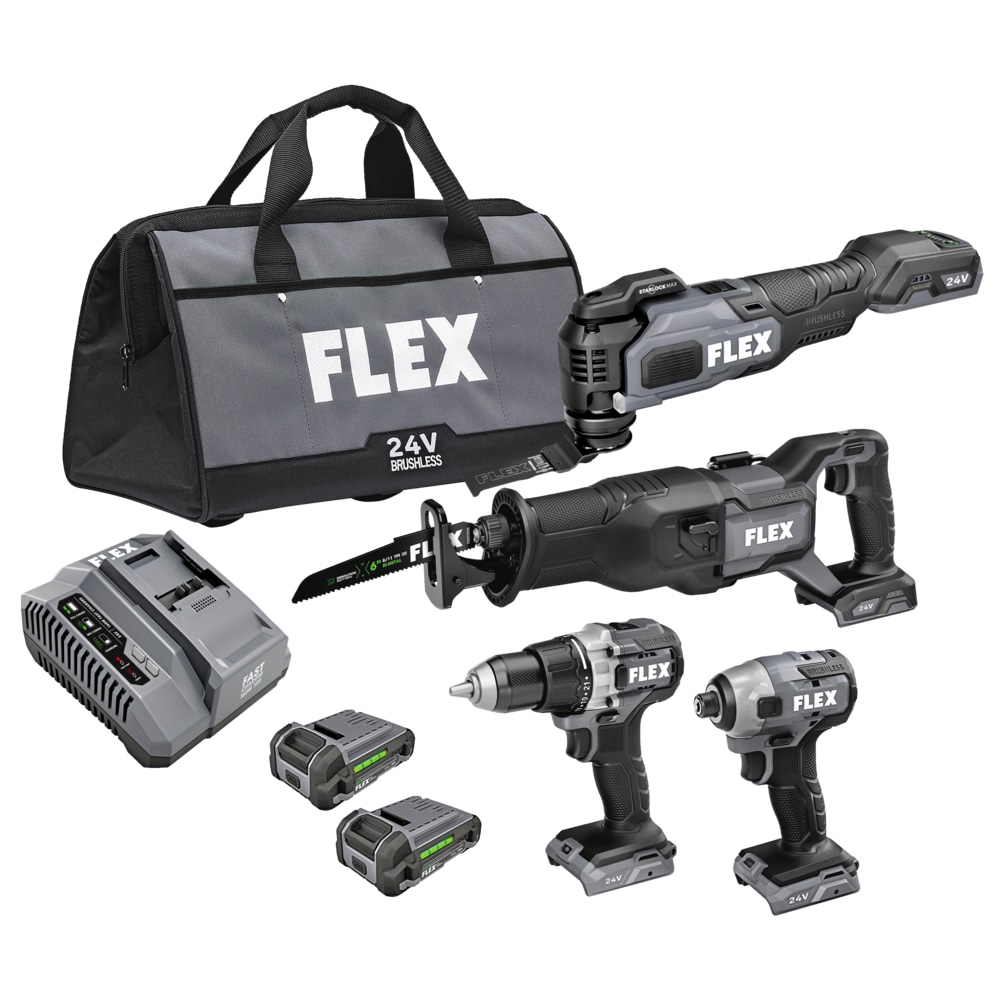 Kit de herramientas eléctricas FLEX de 24 voltios con 4 herramientas sin escobillas y estuche suave (incluye 2 baterías y cargador) FXM404-2A