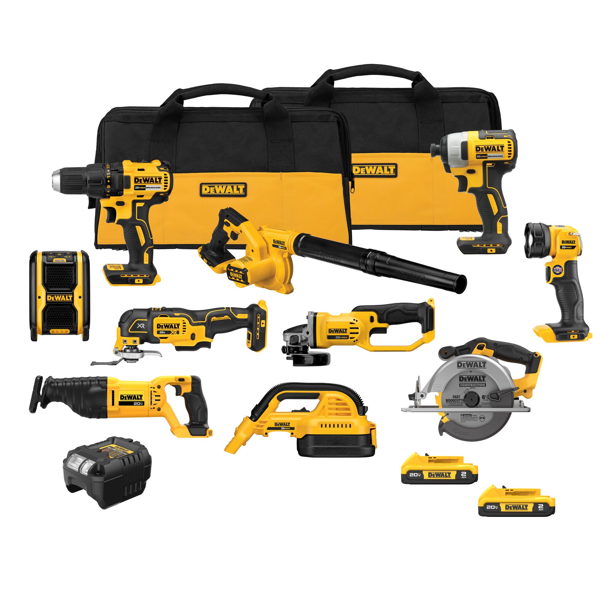 Kit combo inalámbrico DEWALT 20V MAX de 10 herramientas con dos baterías de 2.0Ah, cargador y 2 bolsas DCK1021D2.