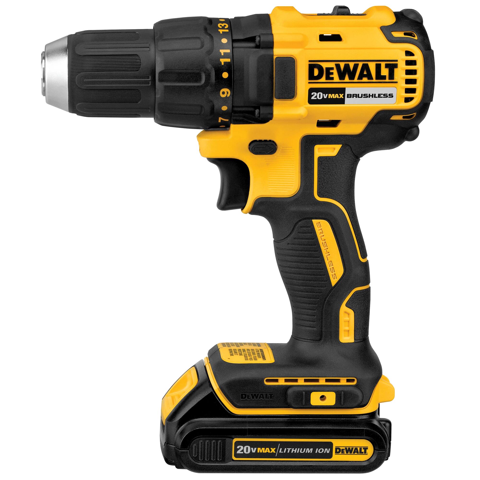 Taladro inalámbrico sin escobillas DEWALT de 20 voltios máximos y 1/2 pulgada (2 baterías incluidas, bolsa suave incluida) DCD777C2