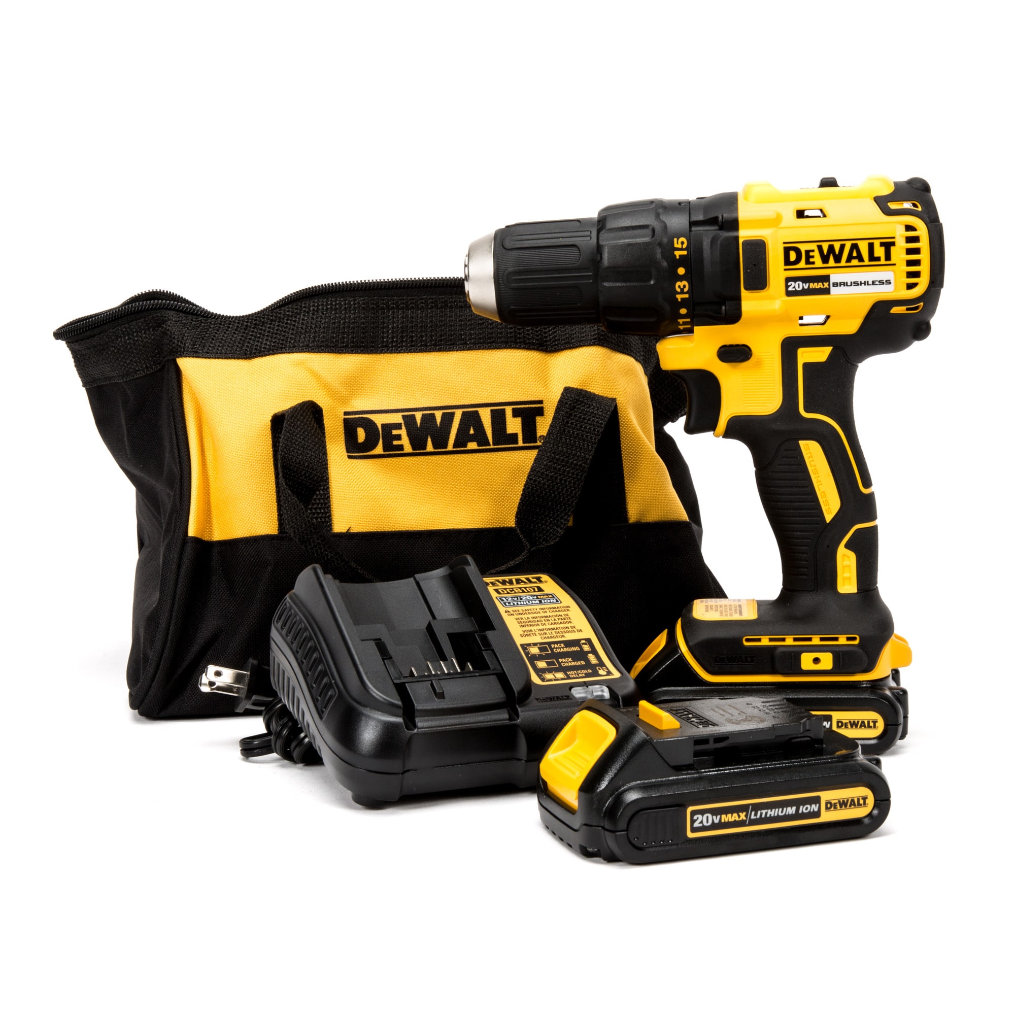 Taladro inalámbrico sin escobillas DEWALT de 20 voltios máximos y 1/2 pulgada (2 baterías incluidas, bolsa suave incluida) DCD777C2