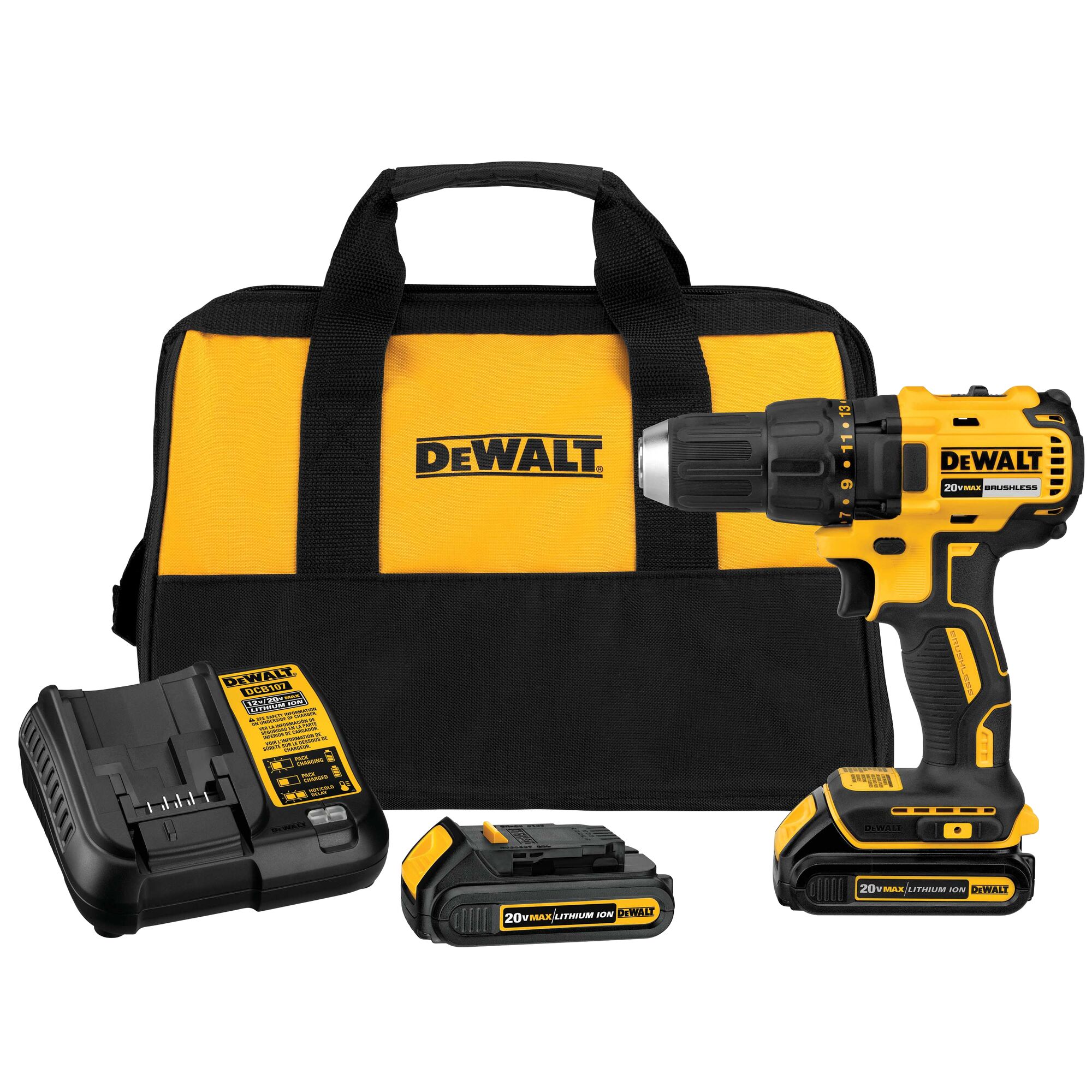 Taladro inalámbrico sin escobillas DEWALT de 20 voltios máximos y 1/2 pulgada (2 baterías incluidas, bolsa suave incluida) DCD777C2