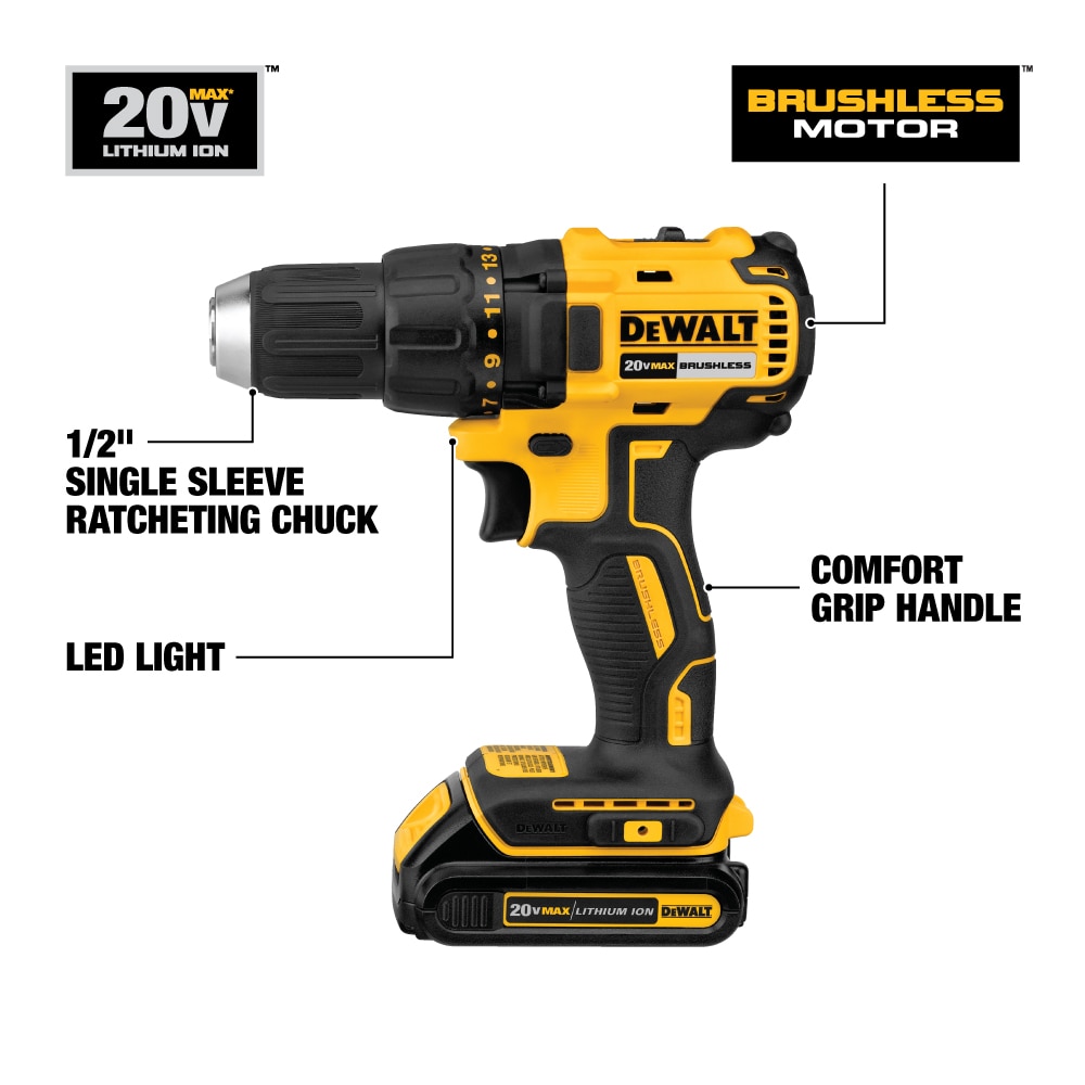 Taladro inalámbrico sin escobillas DEWALT de 20 voltios máximos y 1/2 pulgada (2 baterías incluidas, bolsa suave incluida) DCD777C2