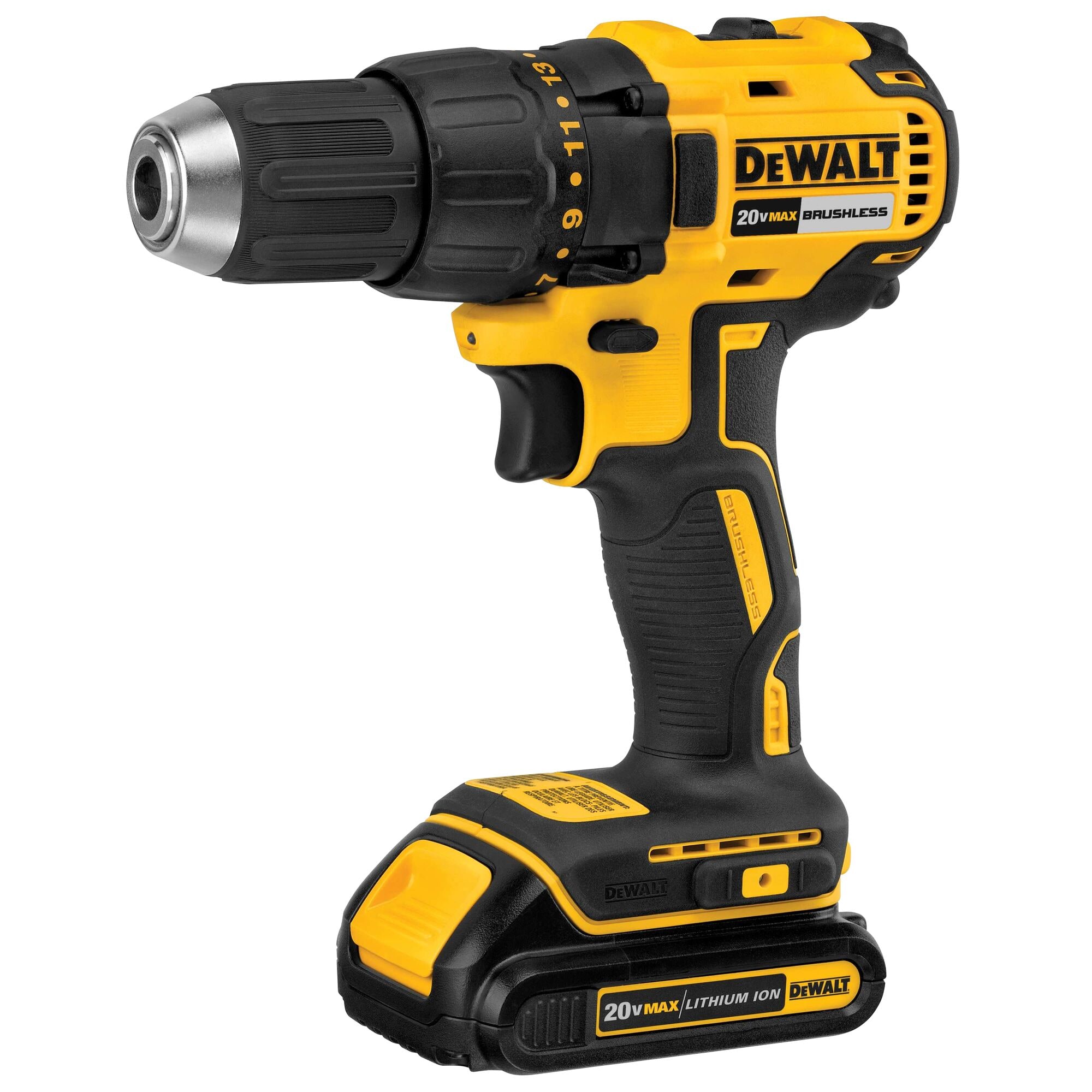 Taladro inalámbrico sin escobillas DEWALT de 20 voltios máximos y 1/2 pulgada (2 baterías incluidas, bolsa suave incluida) DCD777C2