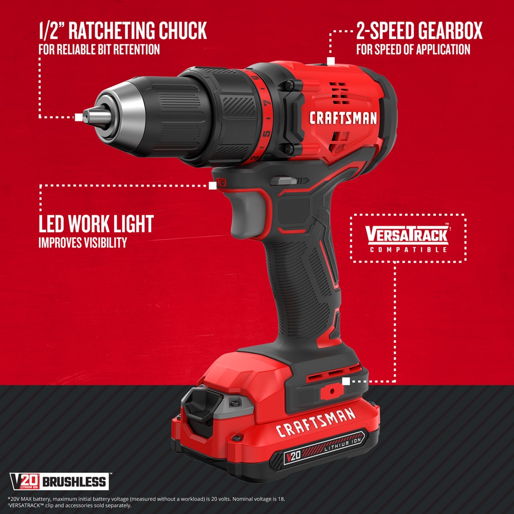 Taladro inalámbrico sin escobillas CRAFTSMAN V20 de 1/2 pulgadas 20 voltios máximo (Incluye bolsa suave) CMCD710C1