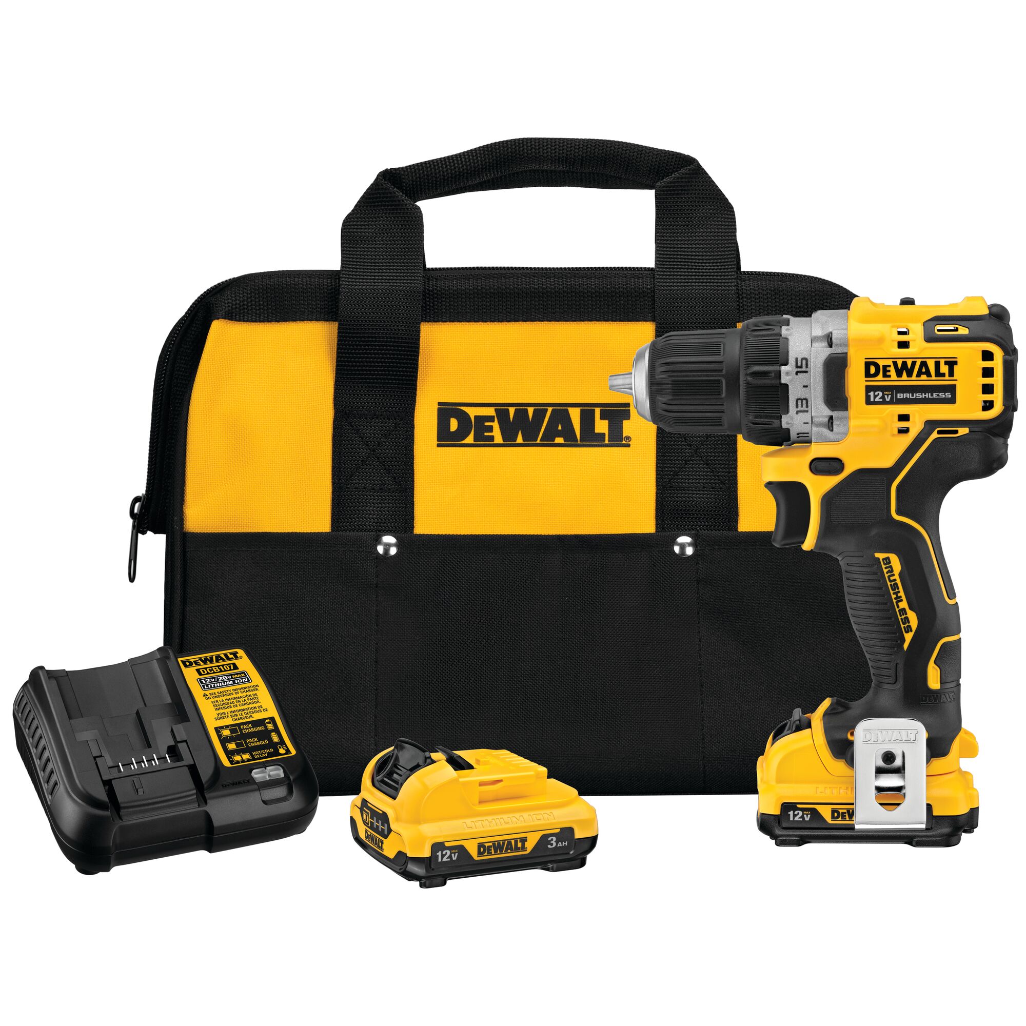 Taladro Inalámbrico sin Escobillas DeWalt XTREME de 12 voltios y 3/8 pulgadas sin Llave (2 Baterías y Bolsa Suave Incluidas) DCD701F2