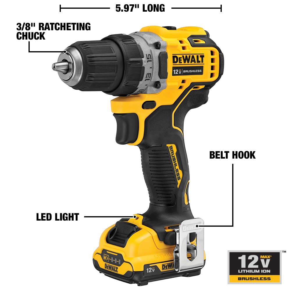 Taladro Inalámbrico sin Escobillas DeWalt XTREME de 12 voltios y 3/8 pulgadas sin Llave (2 Baterías y Bolsa Suave Incluidas) DCD701F2