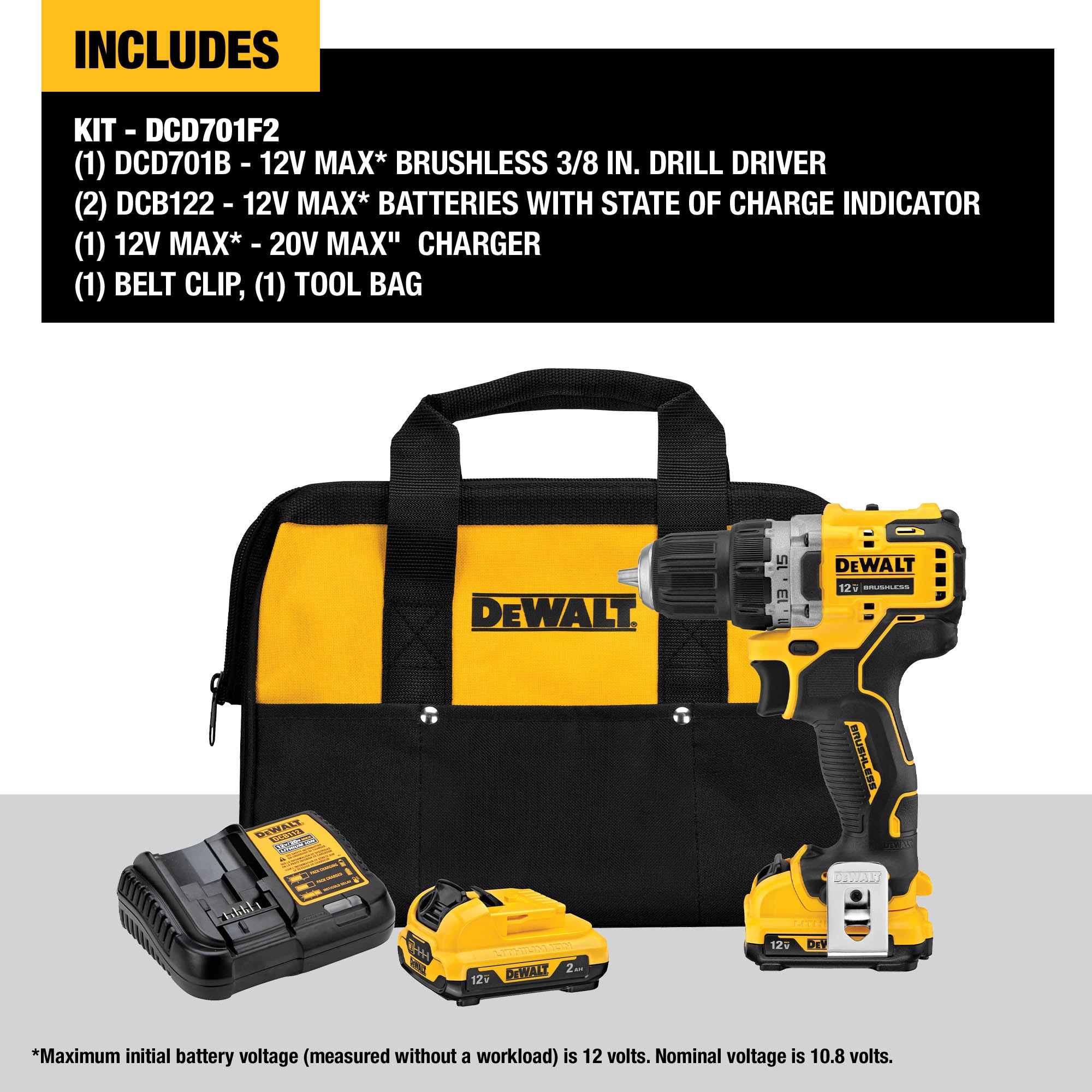 Taladro Inalámbrico sin Escobillas DeWalt XTREME de 12 voltios y 3/8 pulgadas sin Llave (2 Baterías y Bolsa Suave Incluidas) DCD701F2