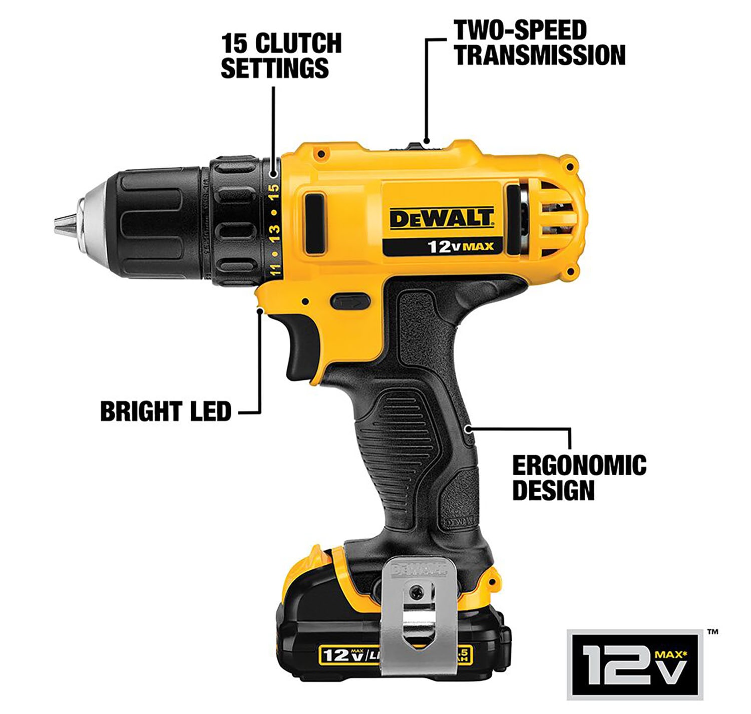 Atornillador inalámbrico sin llave DEWALT de 12 voltios máximos 3/8 pulgadas (2 baterías incluidas, bolsa suave incluida) DCD710S2