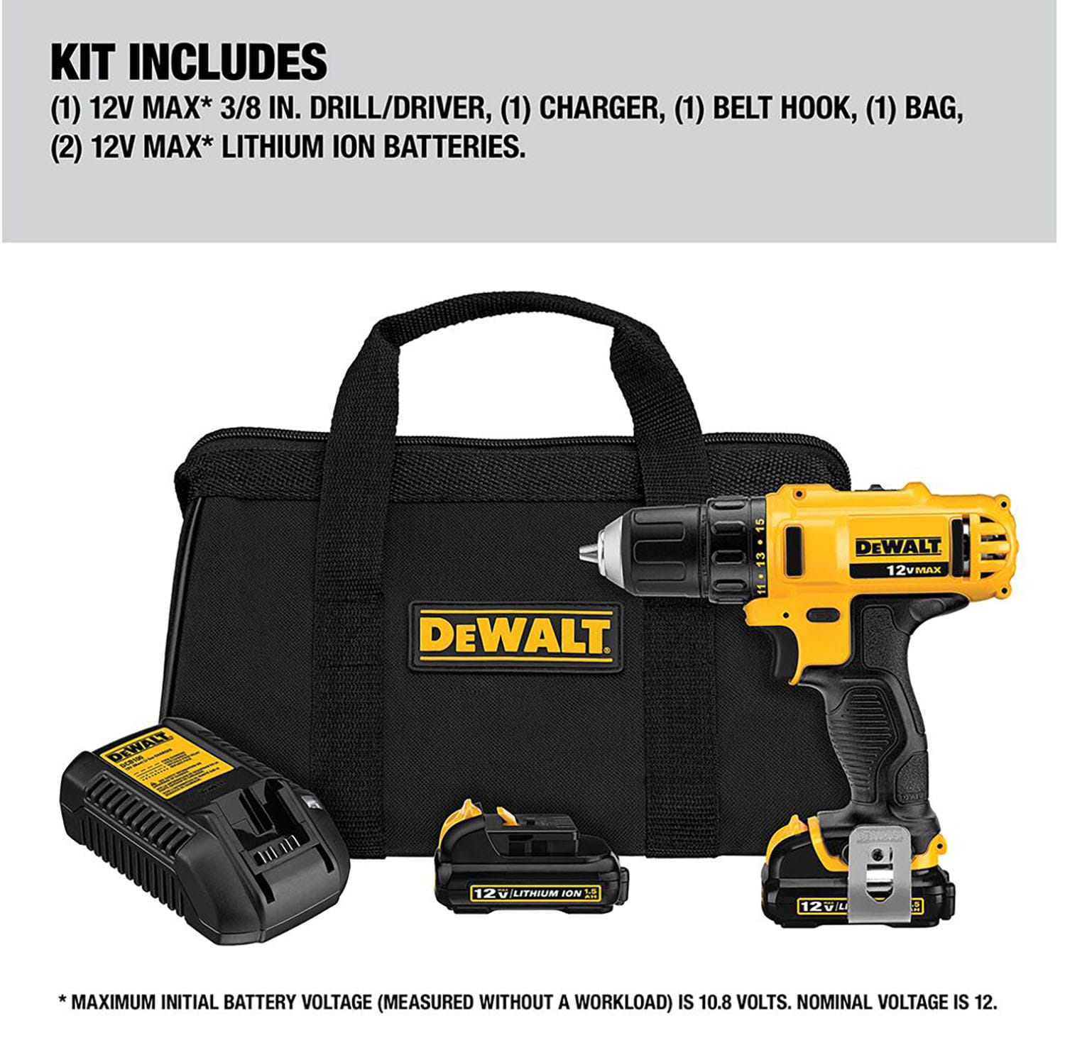 Atornillador inalámbrico sin llave DEWALT de 12 voltios máximos 3/8 pulgadas (2 baterías incluidas, bolsa suave incluida) DCD710S2
