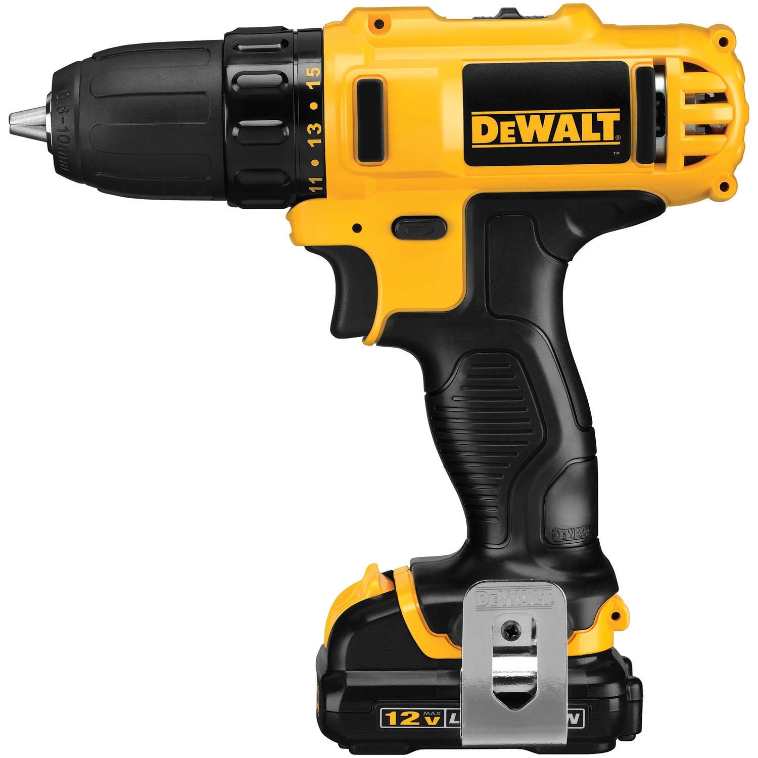 Atornillador inalámbrico sin llave DEWALT de 12 voltios máximos 3/8 pulgadas (2 baterías incluidas, bolsa suave incluida) DCD710S2