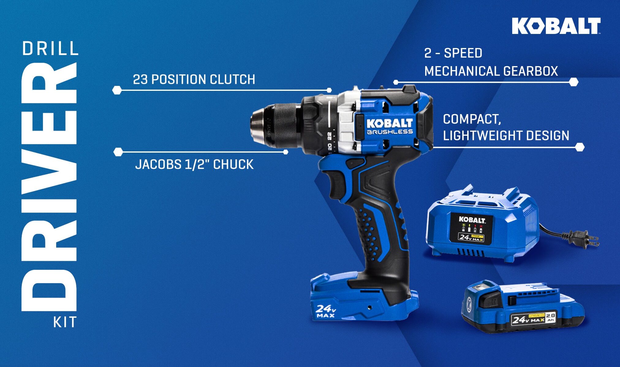 Taladro inalámbrico sin escobillas Kobalt de 24 voltios y 1/2 pulgada (Incluye bolso suave) KDD 2024A-03