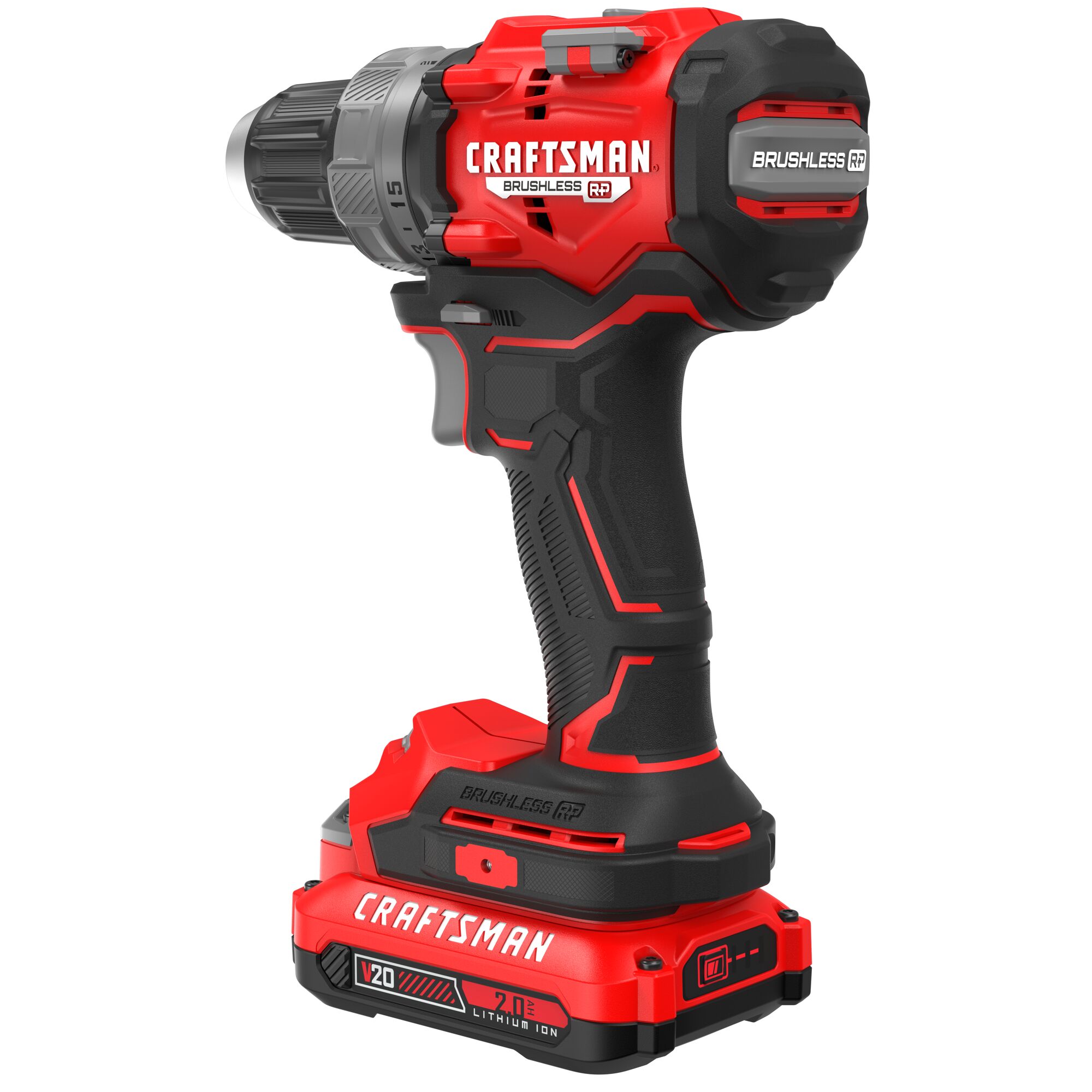 

Taladro inalámbrico sin escobillas Craftsman V20 RP de 20 voltios máx. de 1/2 pulgadas sin llave (incluye 2 baterías y bolsa suave) CMCD725D2