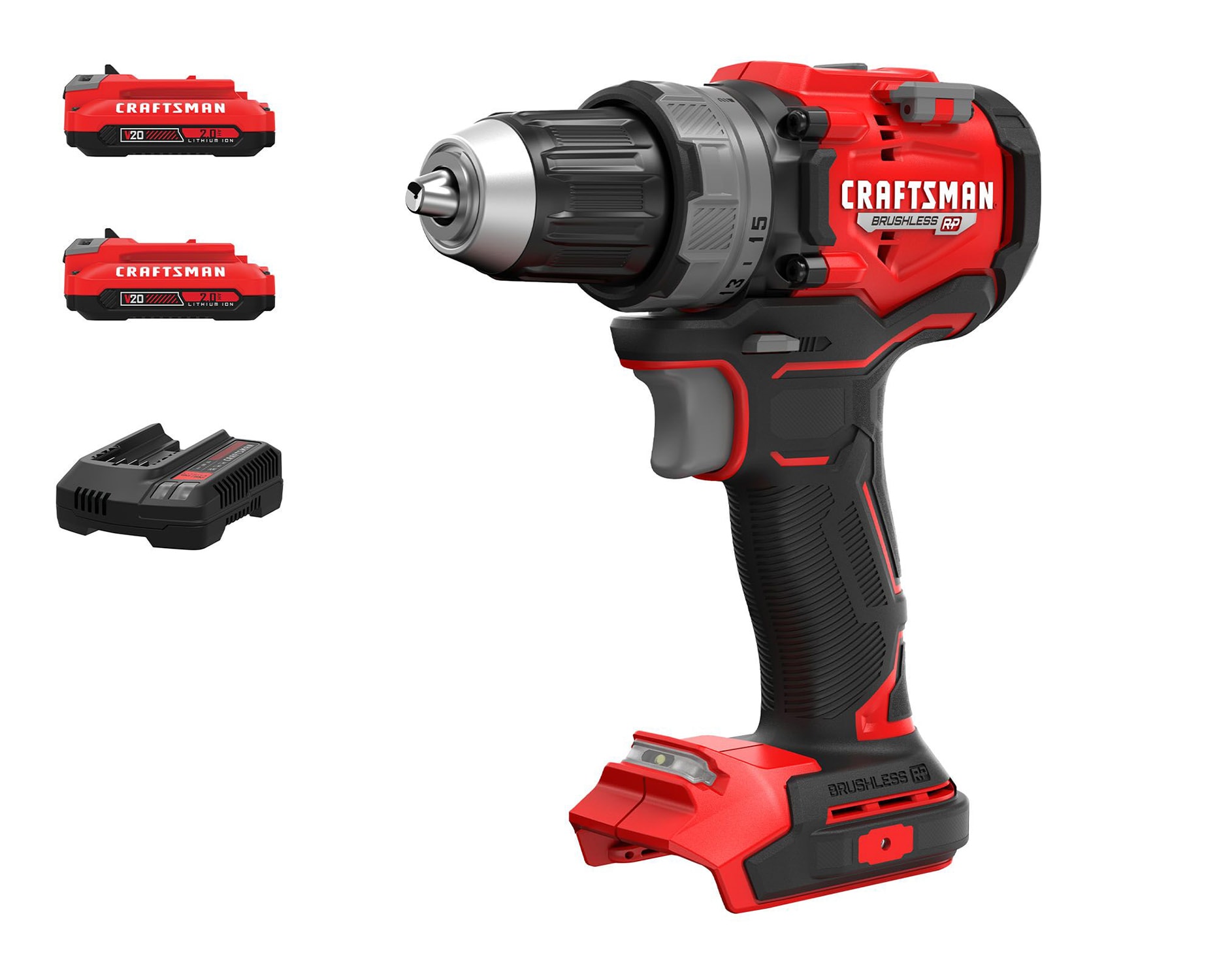 

Taladro inalámbrico sin escobillas Craftsman V20 RP de 20 voltios máx. de 1/2 pulgadas sin llave (incluye 2 baterías y bolsa suave) CMCD725D2