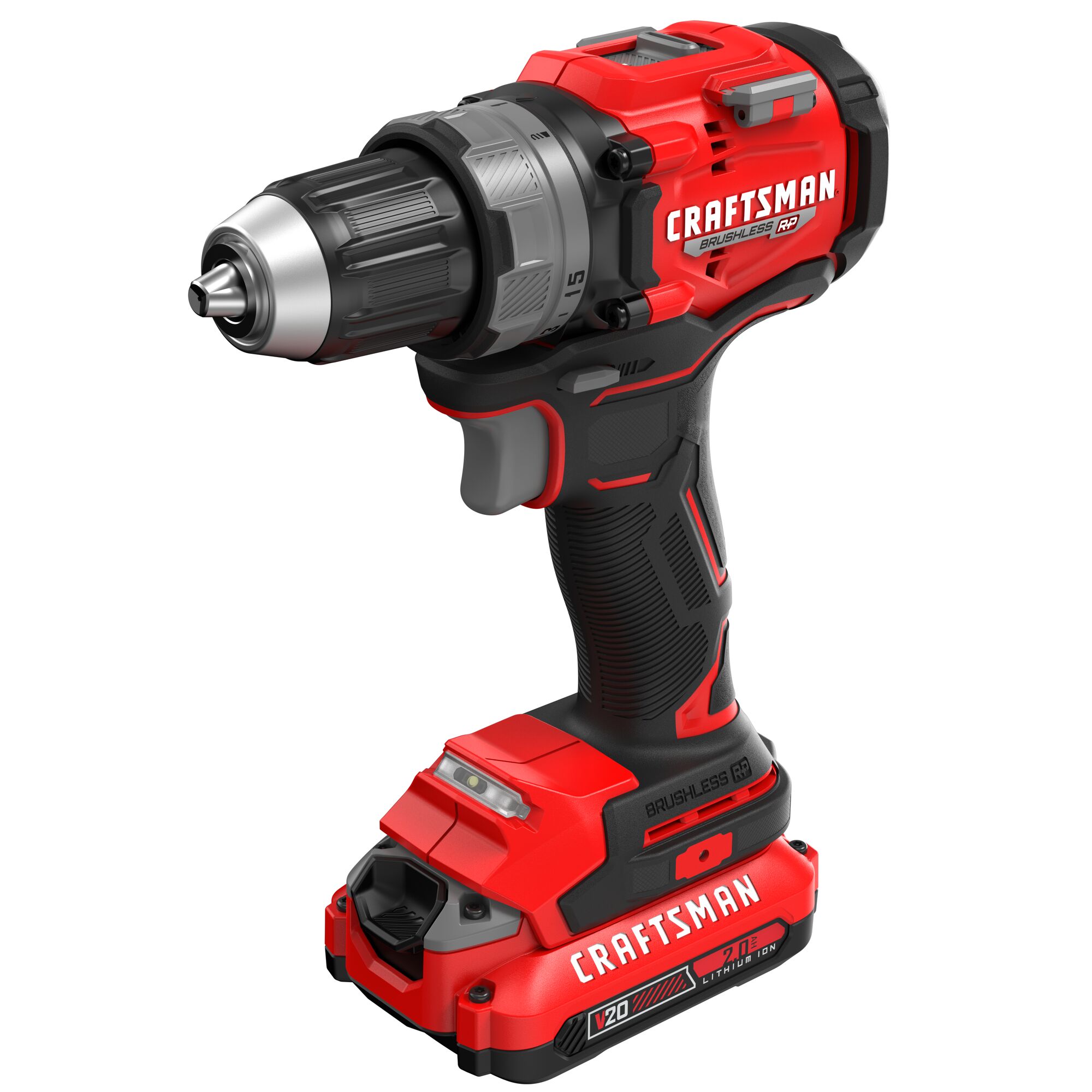 

Taladro inalámbrico sin escobillas Craftsman V20 RP de 20 voltios máx. de 1/2 pulgadas sin llave (incluye 2 baterías y bolsa suave) CMCD725D2