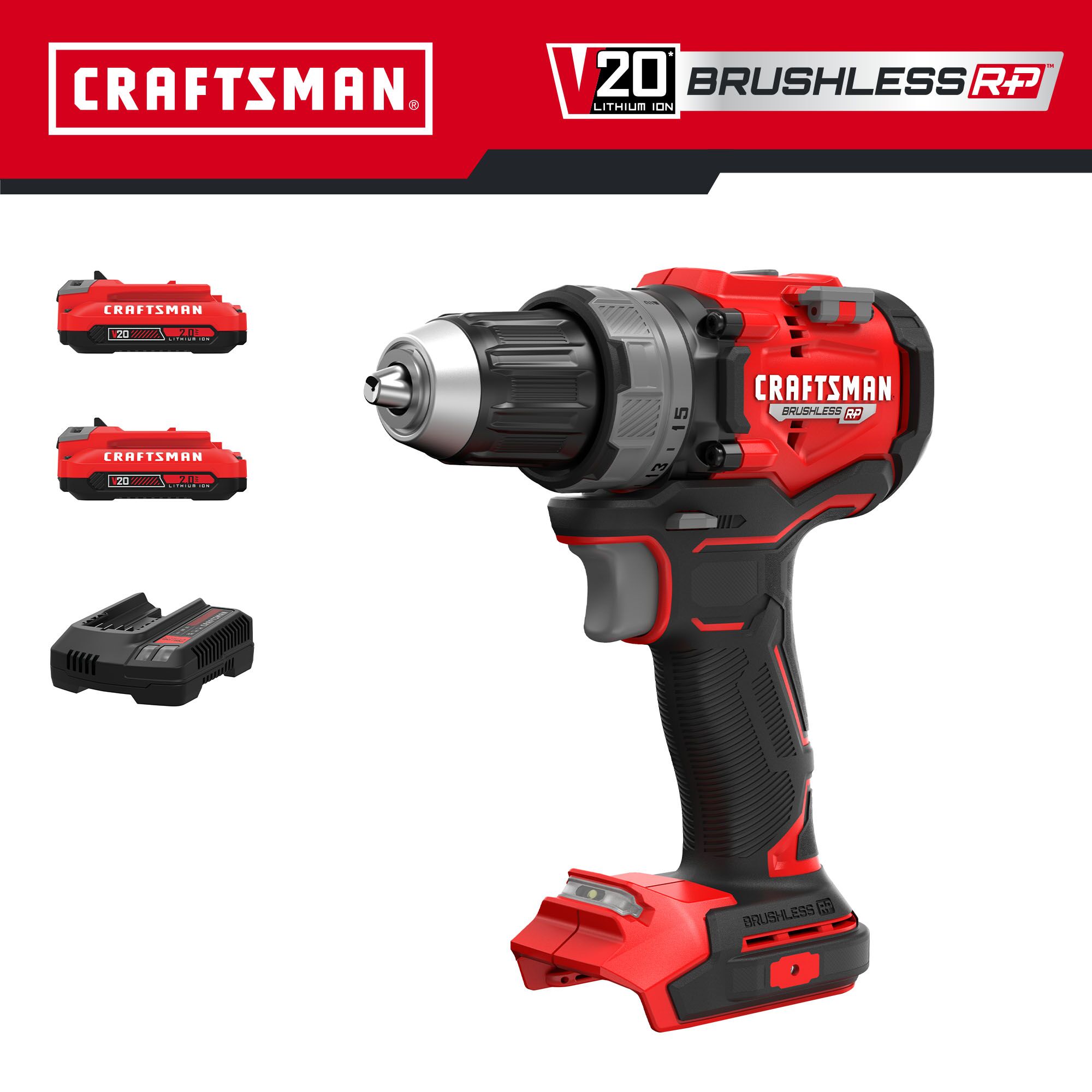 

Taladro inalámbrico sin escobillas Craftsman V20 RP de 20 voltios máx. de 1/2 pulgadas sin llave (incluye 2 baterías y bolsa suave) CMCD725D2