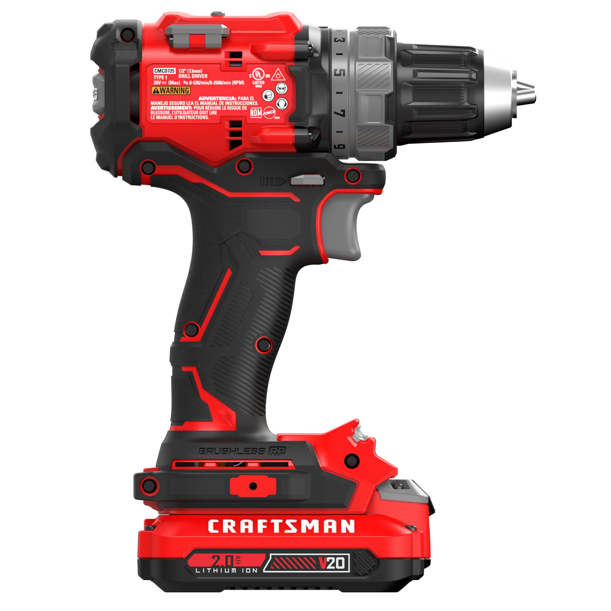 

Taladro inalámbrico sin escobillas Craftsman V20 RP de 20 voltios máx. de 1/2 pulgadas sin llave (incluye 2 baterías y bolsa suave) CMCD725D2