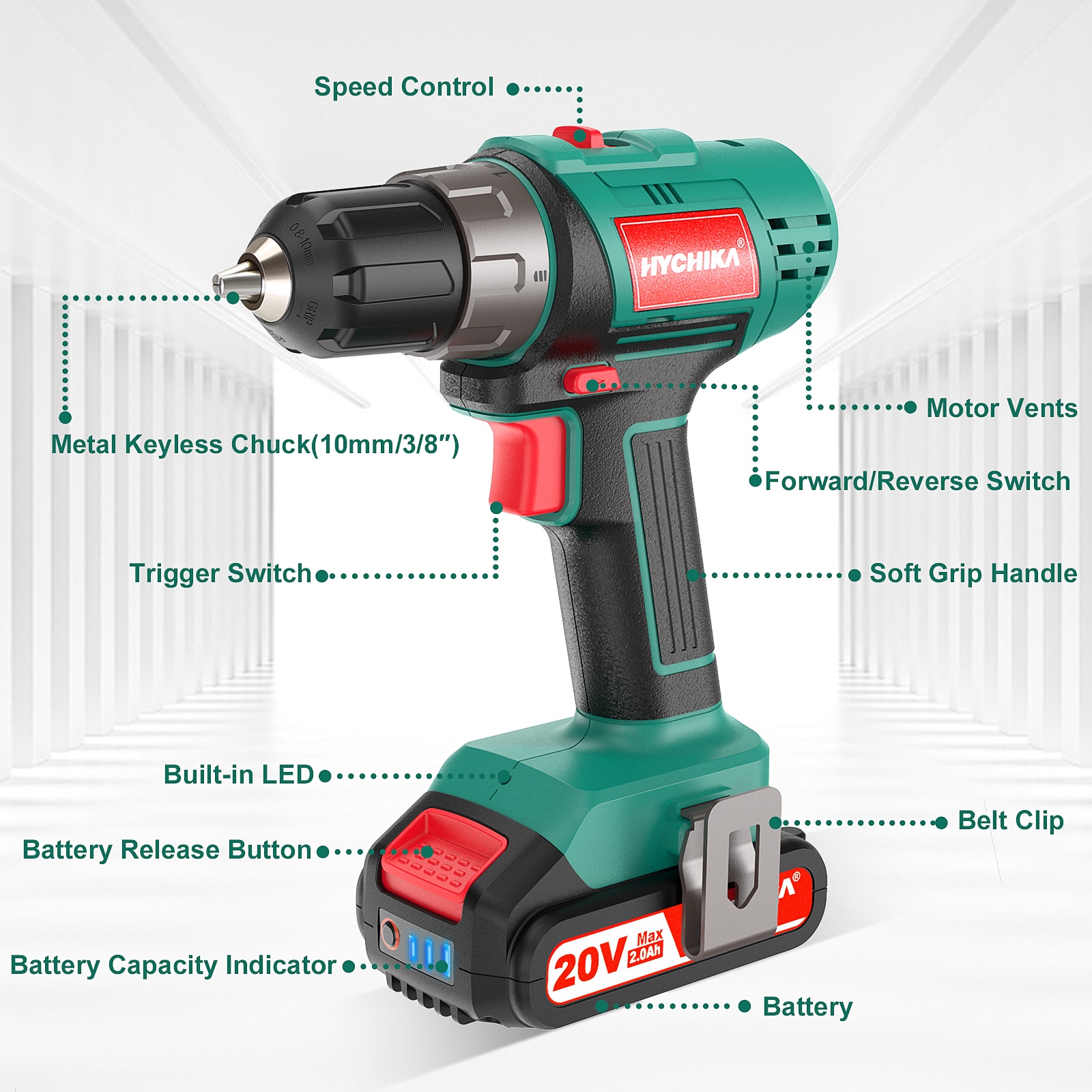 taladro inalámbrico HYCHIKA 20V, juego de taladro con 310 in-lbs de torque, embrague de 21+1, 2 velocidades variables y LED incorporado para perforar madera, metal y plástico, taladro inalámbrico de ángulo recto de 3/8 de pulgada sin llave de 20 voltios máximo (Incluido estuche suave) E0005US