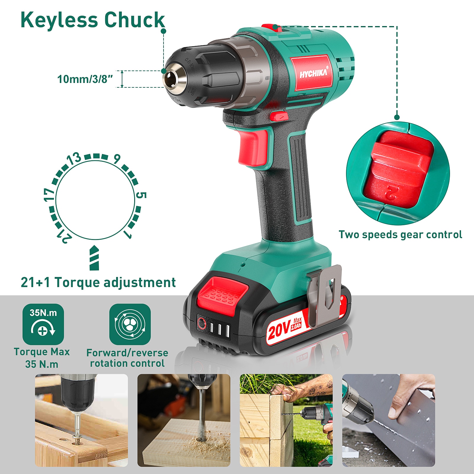 taladro inalámbrico HYCHIKA 20V, juego de taladro con 310 in-lbs de torque, embrague de 21+1, 2 velocidades variables y LED incorporado para perforar madera, metal y plástico, taladro inalámbrico de ángulo recto de 3/8 de pulgada sin llave de 20 voltios máximo (Incluido estuche suave) E0005US