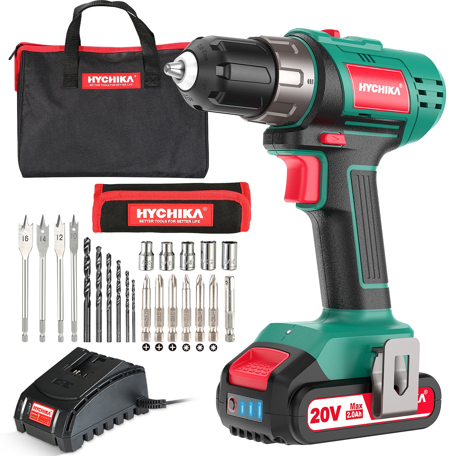 taladro inalámbrico HYCHIKA 20V, juego de taladro con 310 in-lbs de torque, embrague de 21+1, 2 velocidades variables y LED incorporado para perforar madera, metal y plástico, taladro inalámbrico de ángulo recto de 3/8 de pulgada sin llave de 20 voltios máximo (Incluido estuche suave) E0005US