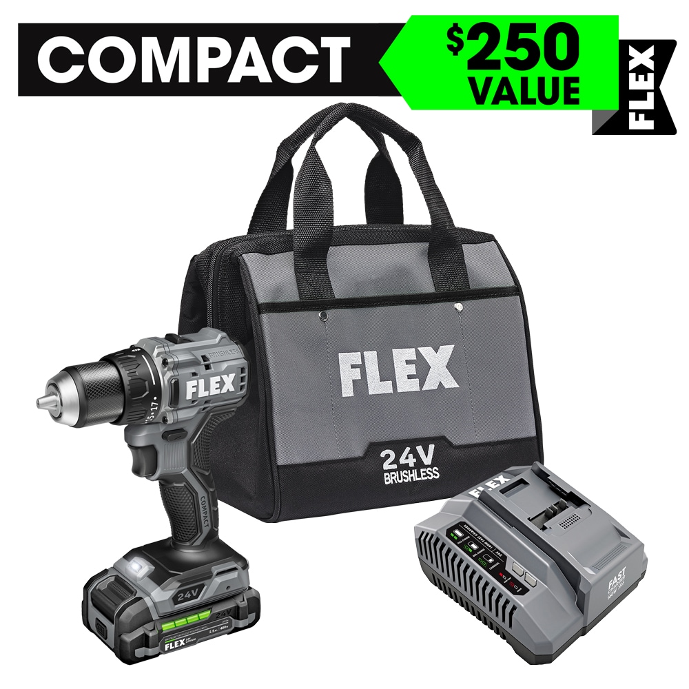 Taladro inalámbrico sin escobillas FLEX COMPACT de 24 voltios y 1/2 pulgada con bolsa incluida