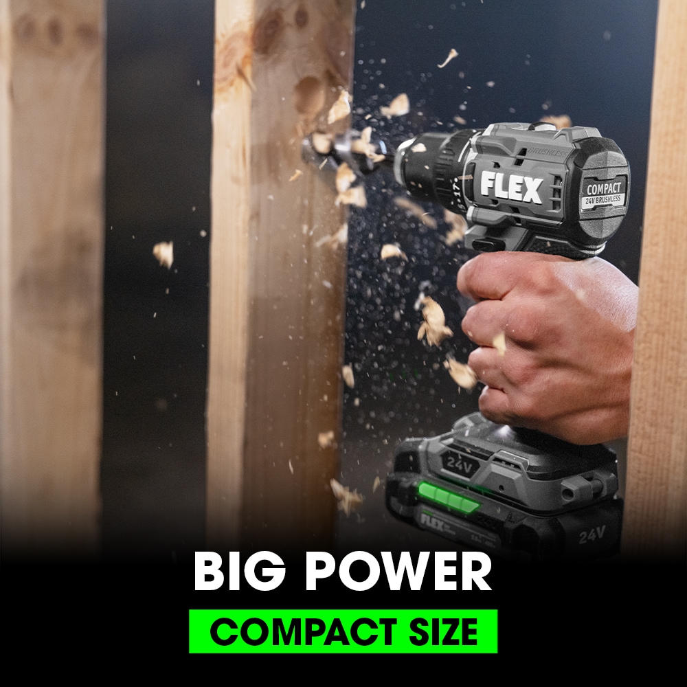 Taladro inalámbrico sin escobillas FLEX COMPACT de 24 voltios y 1/2 pulgada con bolsa incluida