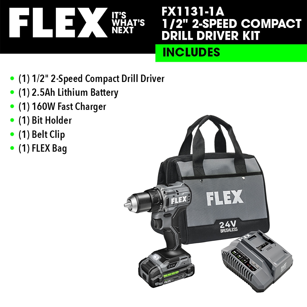 Taladro inalámbrico sin escobillas FLEX COMPACT de 24 voltios y 1/2 pulgada con bolsa incluida