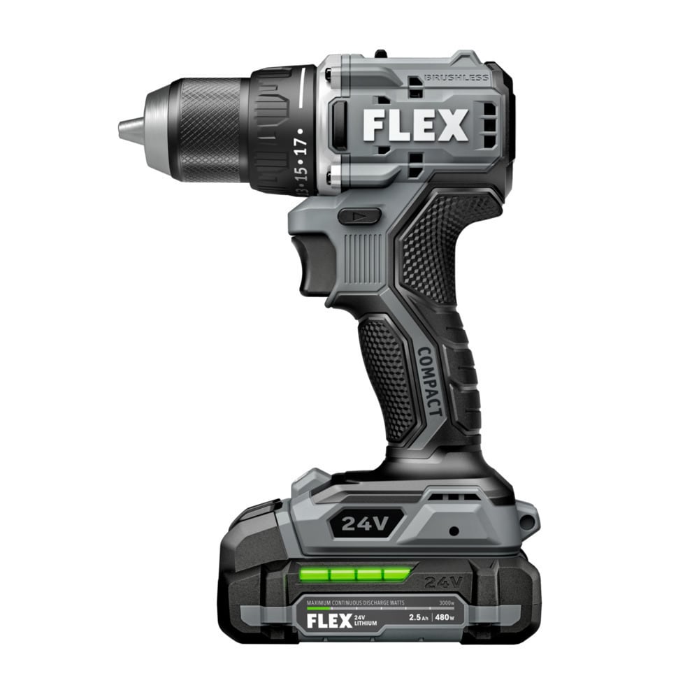 Taladro inalámbrico sin escobillas FLEX COMPACT de 24 voltios y 1/2 pulgada con bolsa incluida