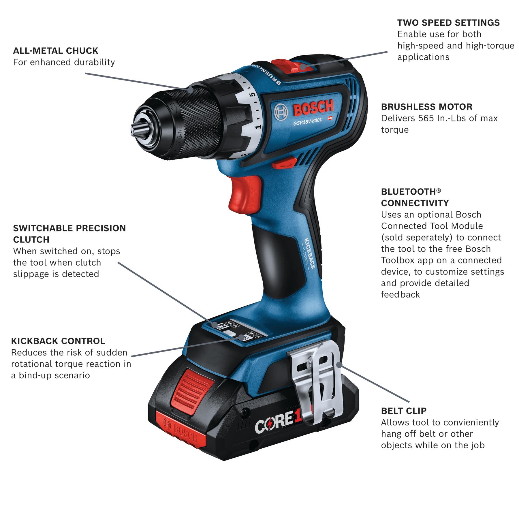 Taladro inalámbrico Bosch Connected-Ready de 18 voltios y 1/2 pulgada con motor sin escobillas y sin llave (Bolsa suave incluida) GSR18V-800CB24