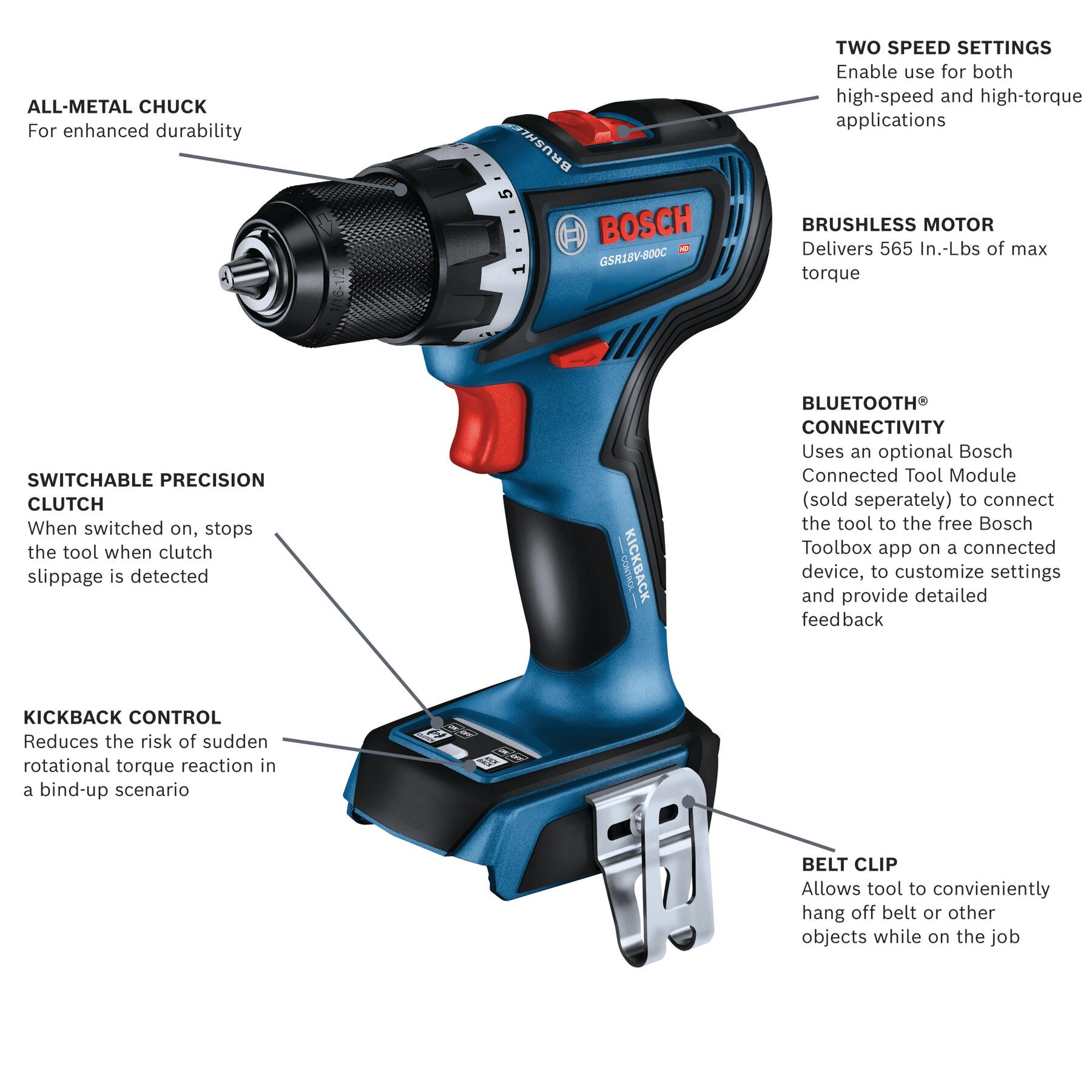 Taladro inalámbrico sin escobillas de 18 voltios y 1/2 pulgadas, listo para conectarse, marca Bosch (GSR18V-800CN)