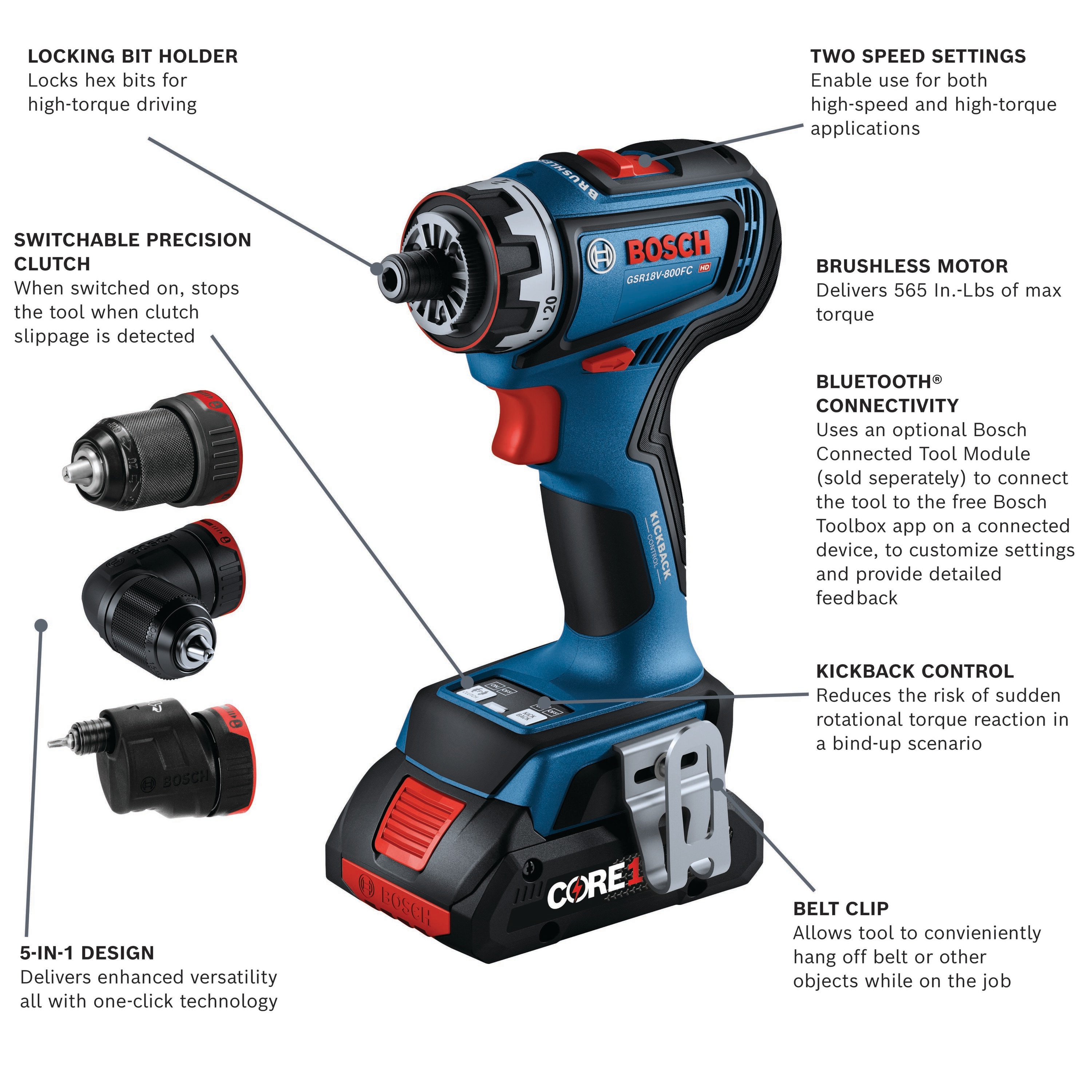  Taladro inalámbrico angular sin escobillas de 18 voltios 1/2 pulgadas, listo para conectarse de Bosch (Incluye 2 baterías y estuche suave) GSR18V-800FCB24
