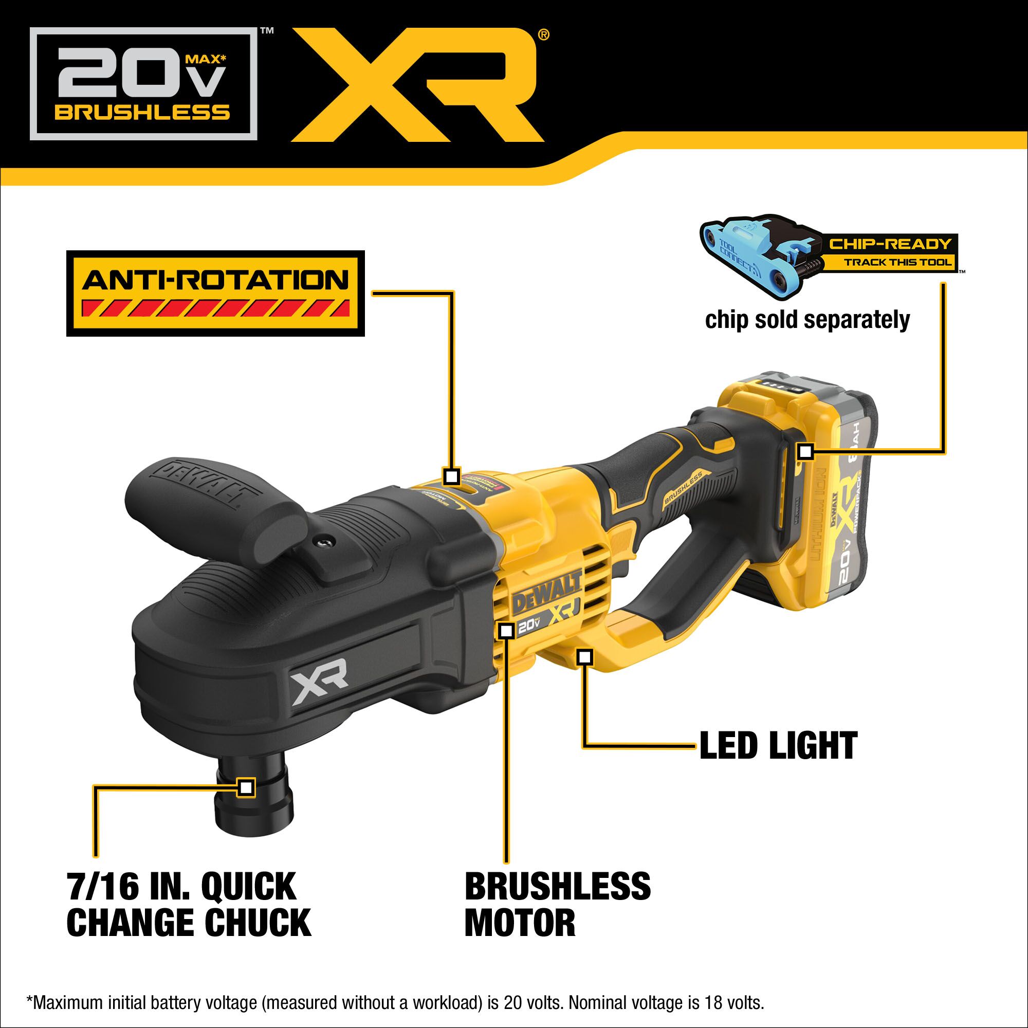 Taladro inalámbrico sin escobillas DEWALT XR de 20 voltios máximo con llave de 7/16 pulgadas (bolsa suave incluida) DCD447WW1
