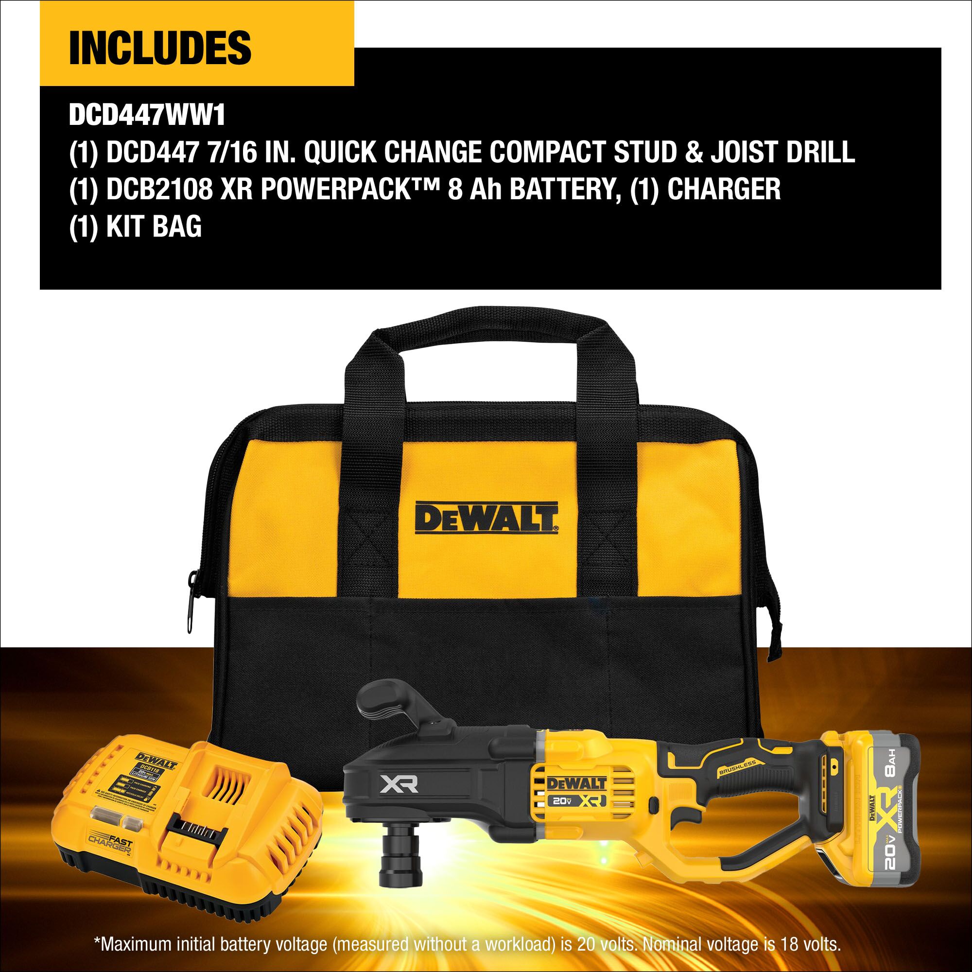 Taladro inalámbrico sin escobillas DEWALT XR de 20 voltios máximo con llave de 7/16 pulgadas (bolsa suave incluida) DCD447WW1