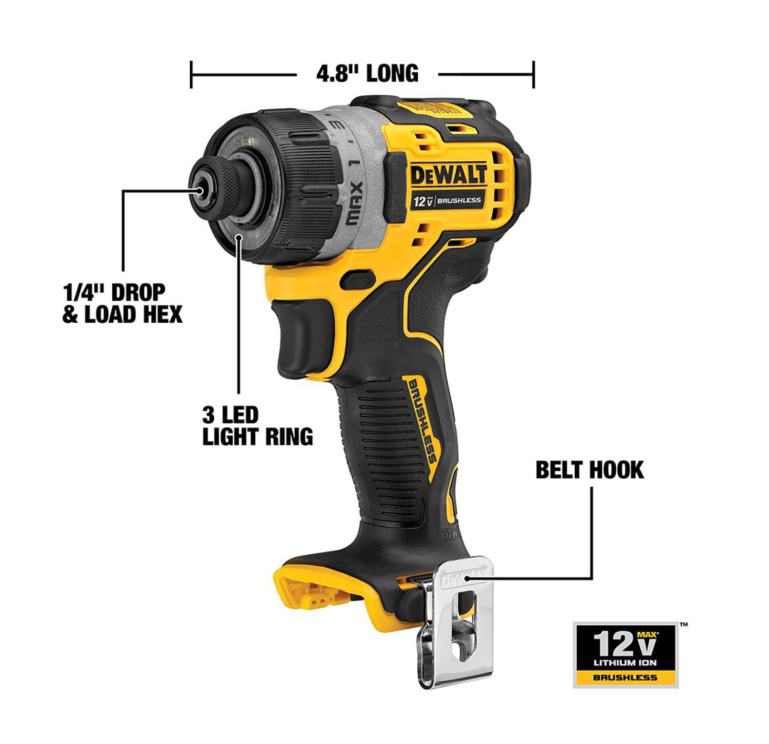 Destornillador inalámbrico DEWALT XTREME 12 voltios Max Brushless de 1/4 pulgadas (Batería y Cargador no incluidos) DCF601B