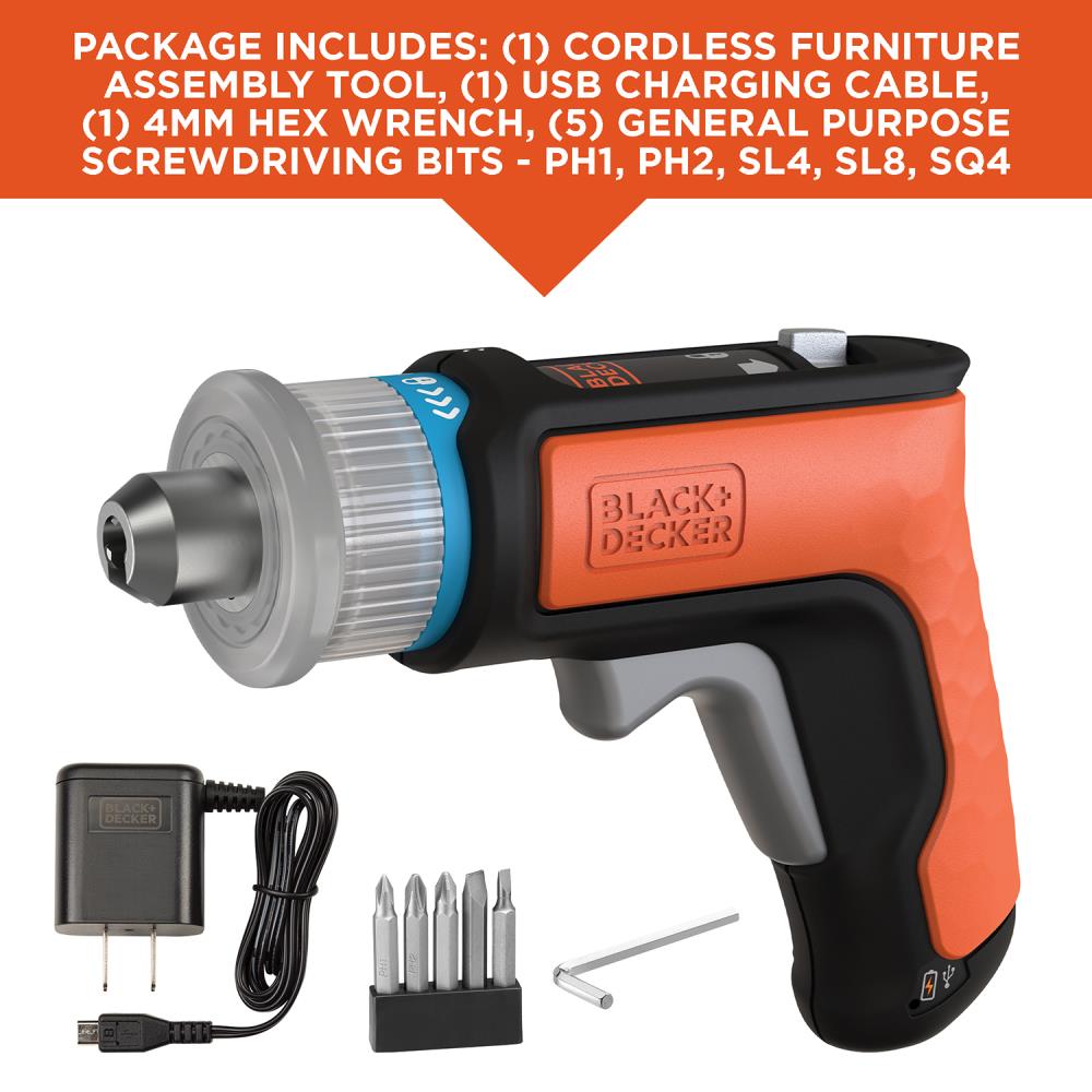 Atornillador inalámbrico BLACK+DECKER de 4 voltios y 1/4 de pulgada (Incluye batería y cargador) BCRTA601I