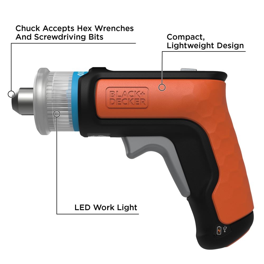 Atornillador inalámbrico BLACK+DECKER de 4 voltios y 1/4 de pulgada (Incluye batería y cargador) BCRTA601I