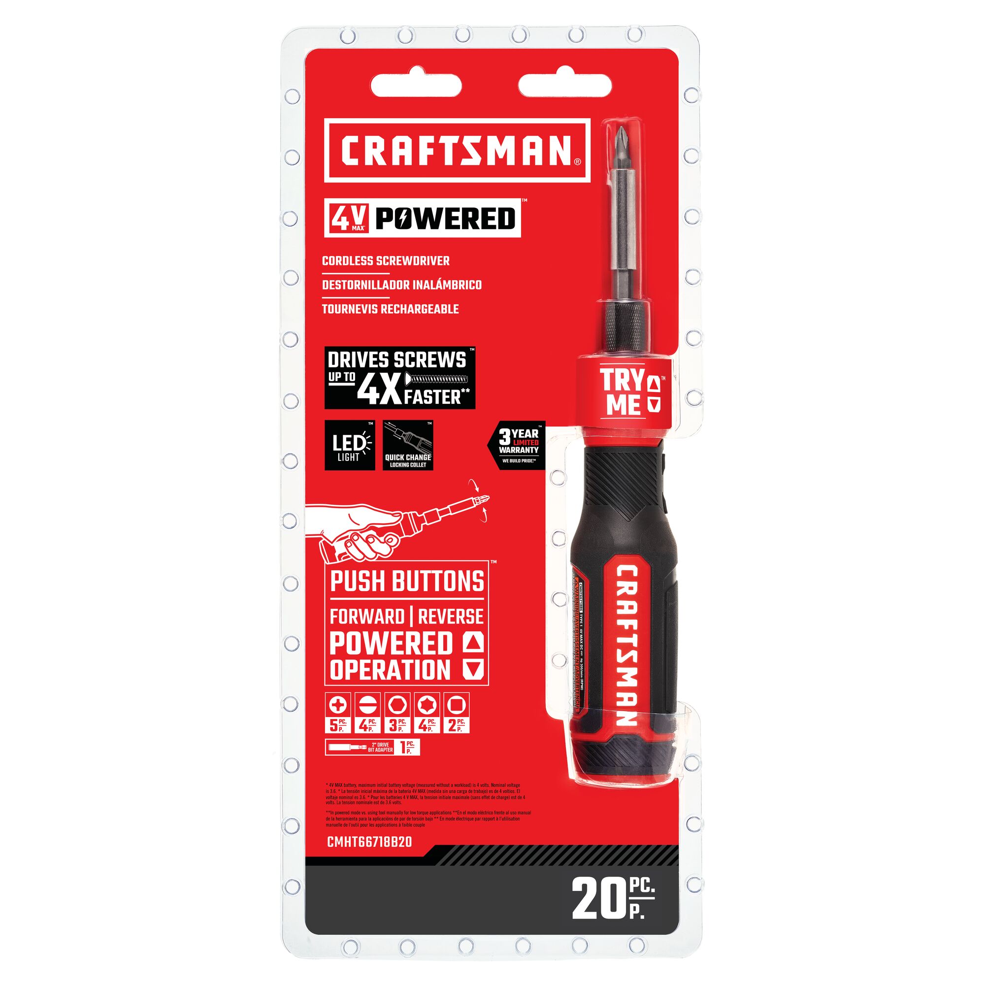 Destornillador inalámbrico CRAFTSMAN de 4 voltios Max y 1/4 de pulgada (Batería y cargador incluidos) CMHT66718B20Z
