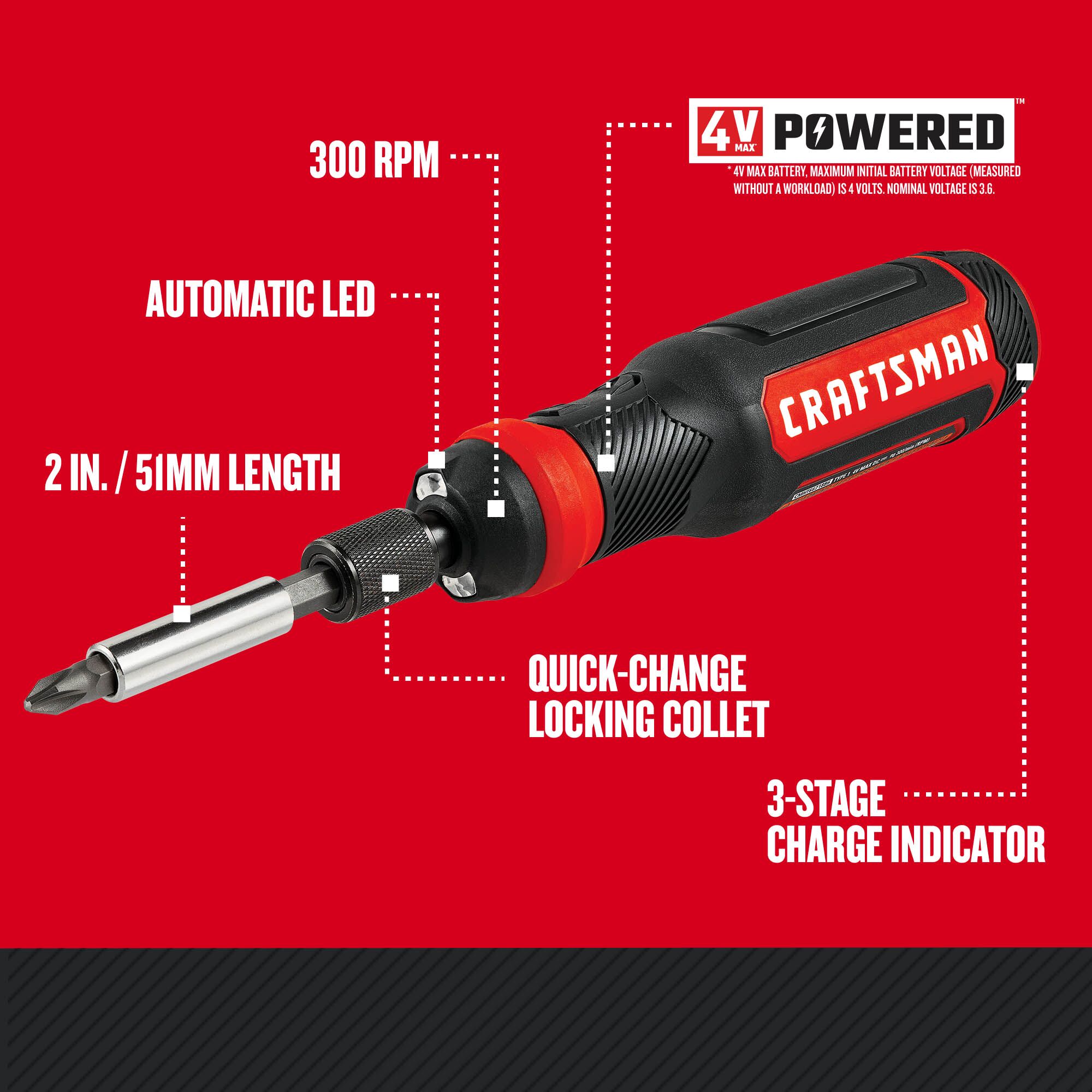 Destornillador inalámbrico CRAFTSMAN de 4 voltios Max y 1/4 de pulgada (Batería y cargador incluidos) CMHT66718B20Z