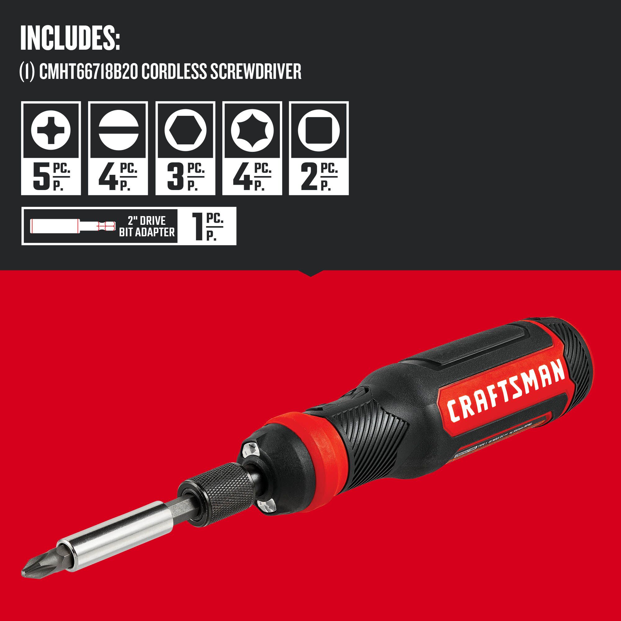 Destornillador inalámbrico CRAFTSMAN de 4 voltios Max y 1/4 de pulgada (Batería y cargador incluidos) CMHT66718B20Z