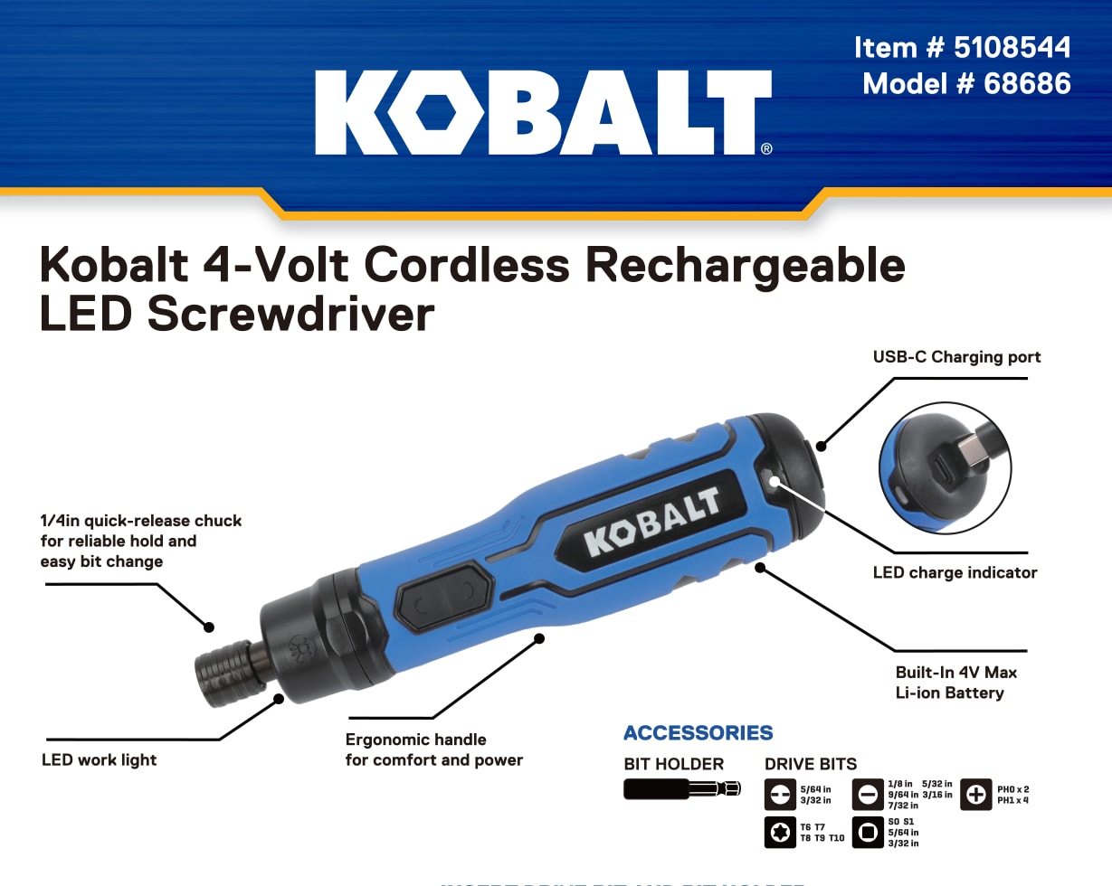 Destornillador inalámbrico de 1/4 de pulgada Kobalt 4 voltios Max (Batería incluida y cargador no incluido) 68686