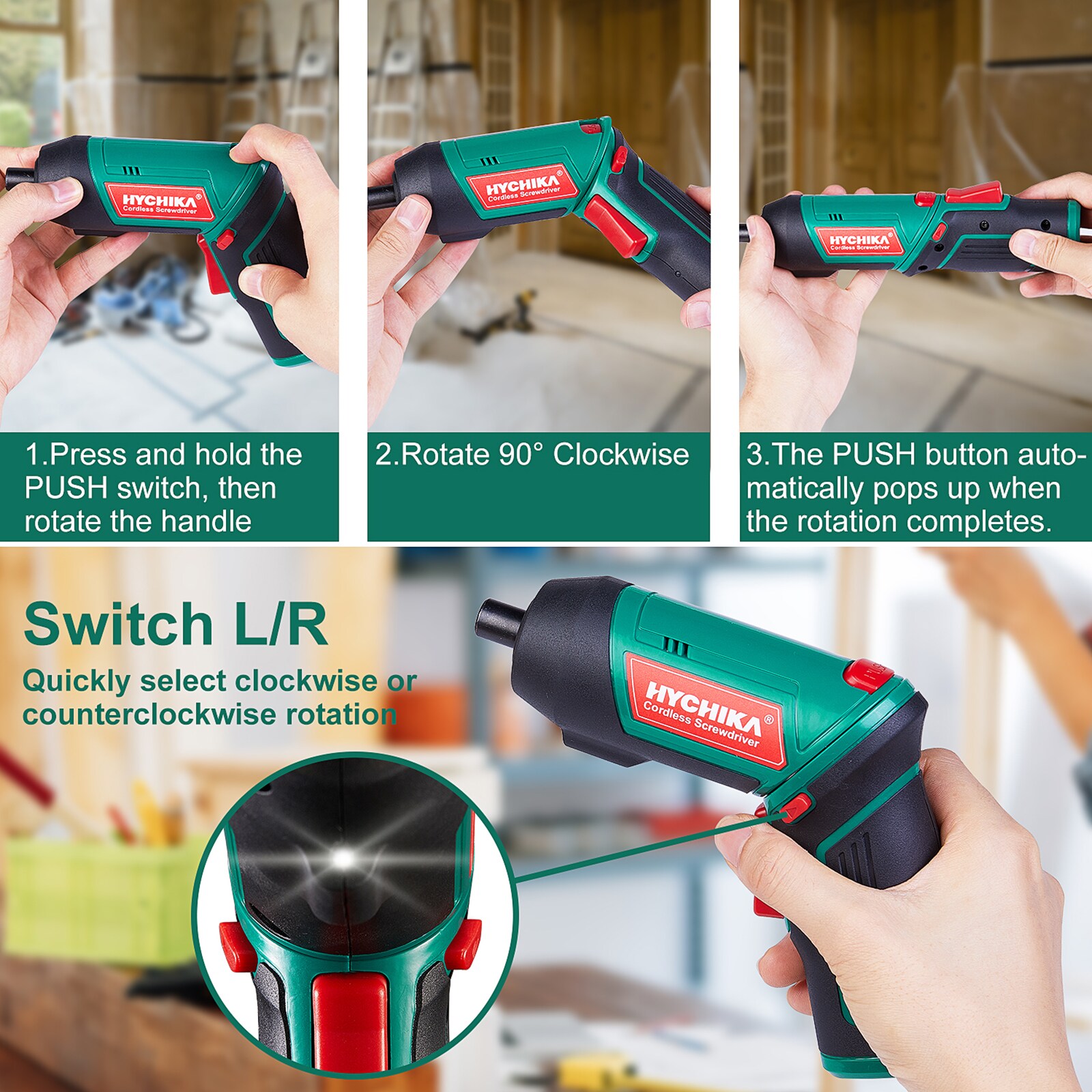 Atornillador inalámbrico HYCHIKA de 3.6 voltios y 1/4 pulgadas (Batería y cargador incluidos) E0024US